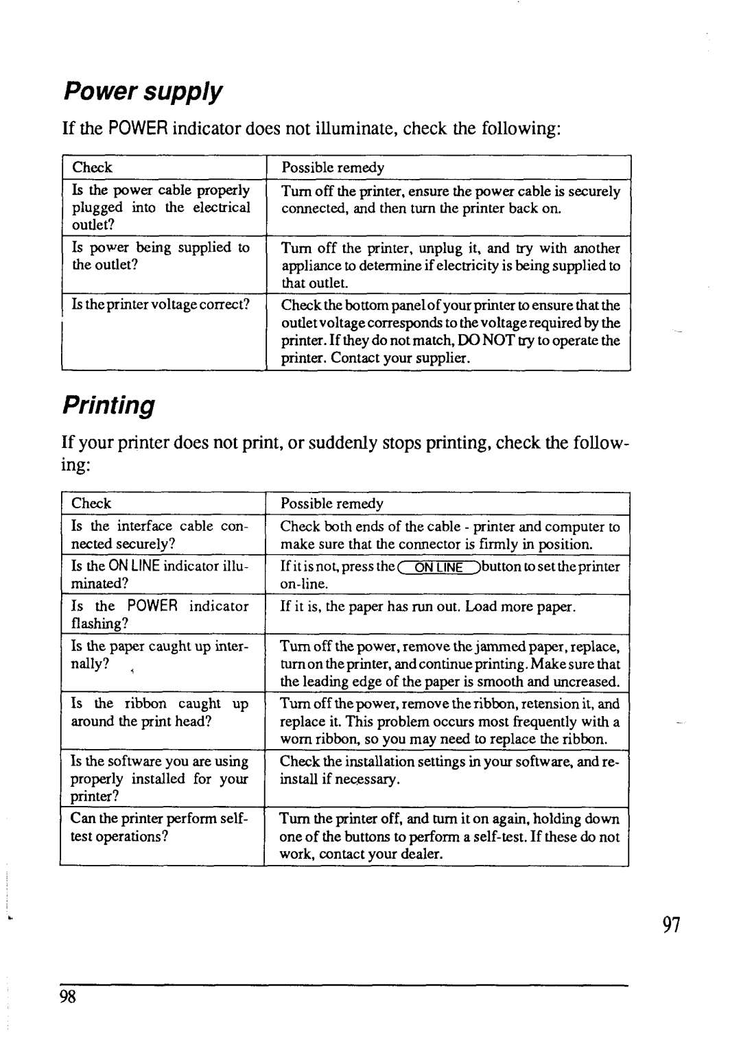 Star Micronics LC24-15 user manual Power supply, Printing 