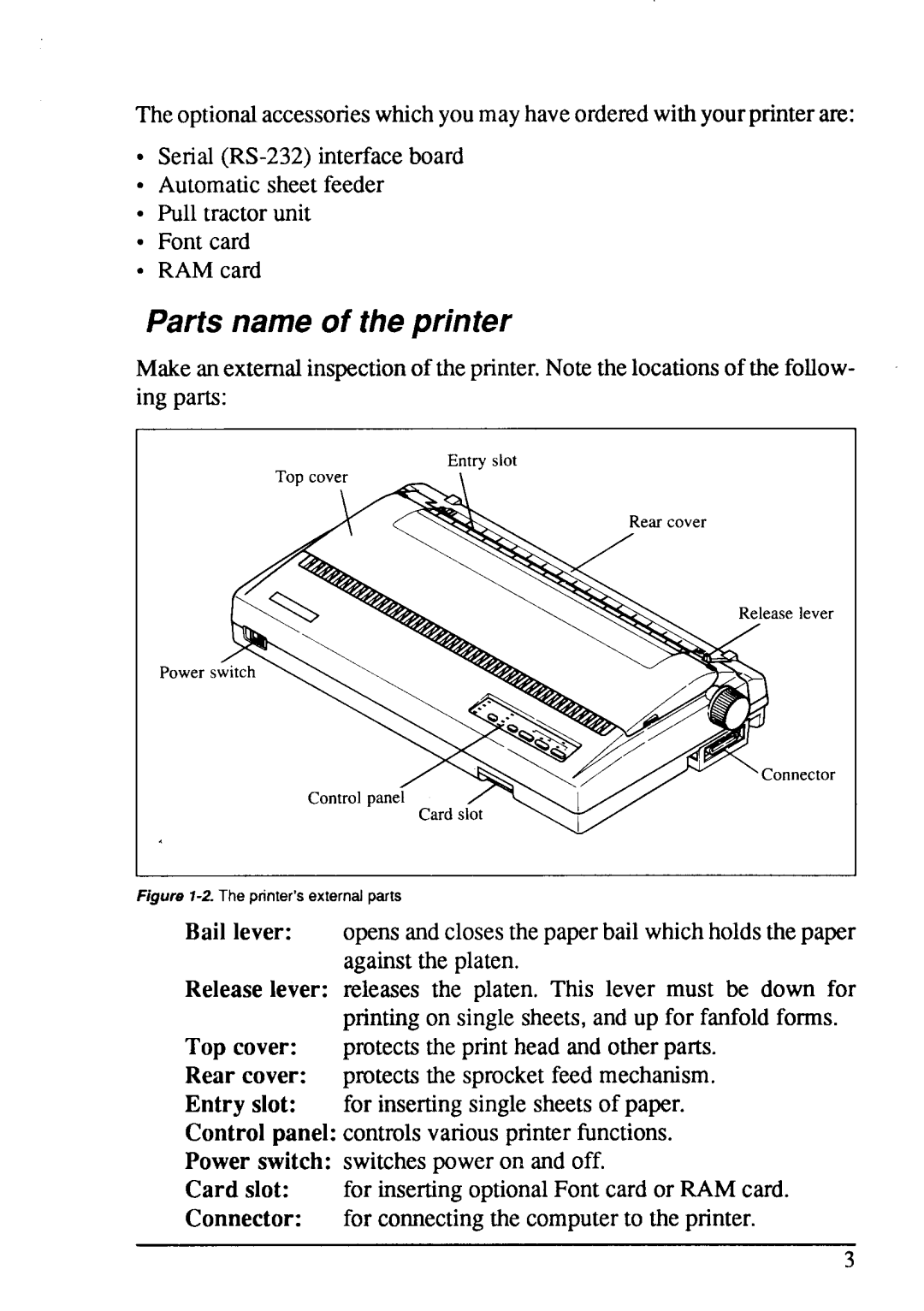 Star Micronics LC24-15 user manual Parts name of the printer, Printer’s external parts 