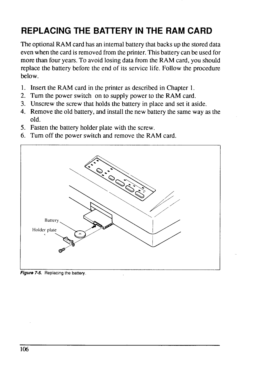 Star Micronics LC24-15 user manual Replacing the Battery in the RAM Card 