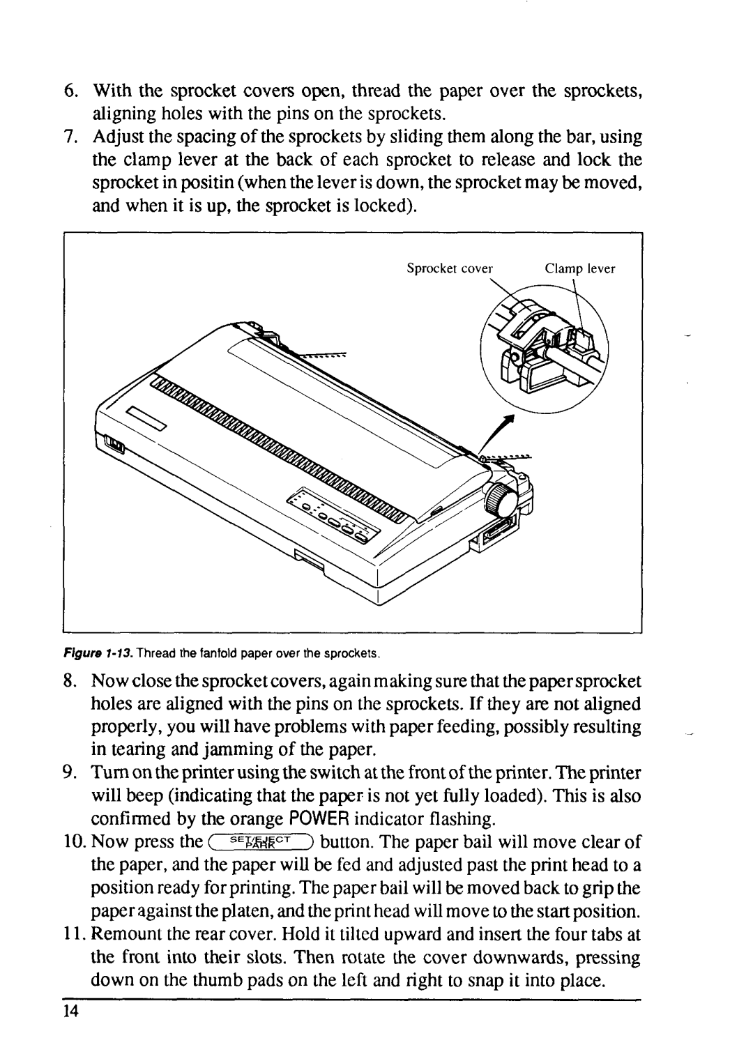 Star Micronics LC24-15 user manual Flgurs I-13. Thread the fanfold paper over the sprockets 