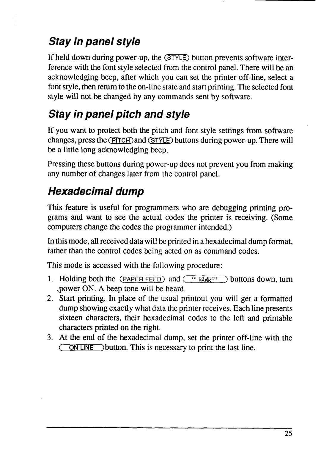 Star Micronics LC24-15 user manual Stay in panel style, Stay in panel pitch and style, Hexadecimal dump 