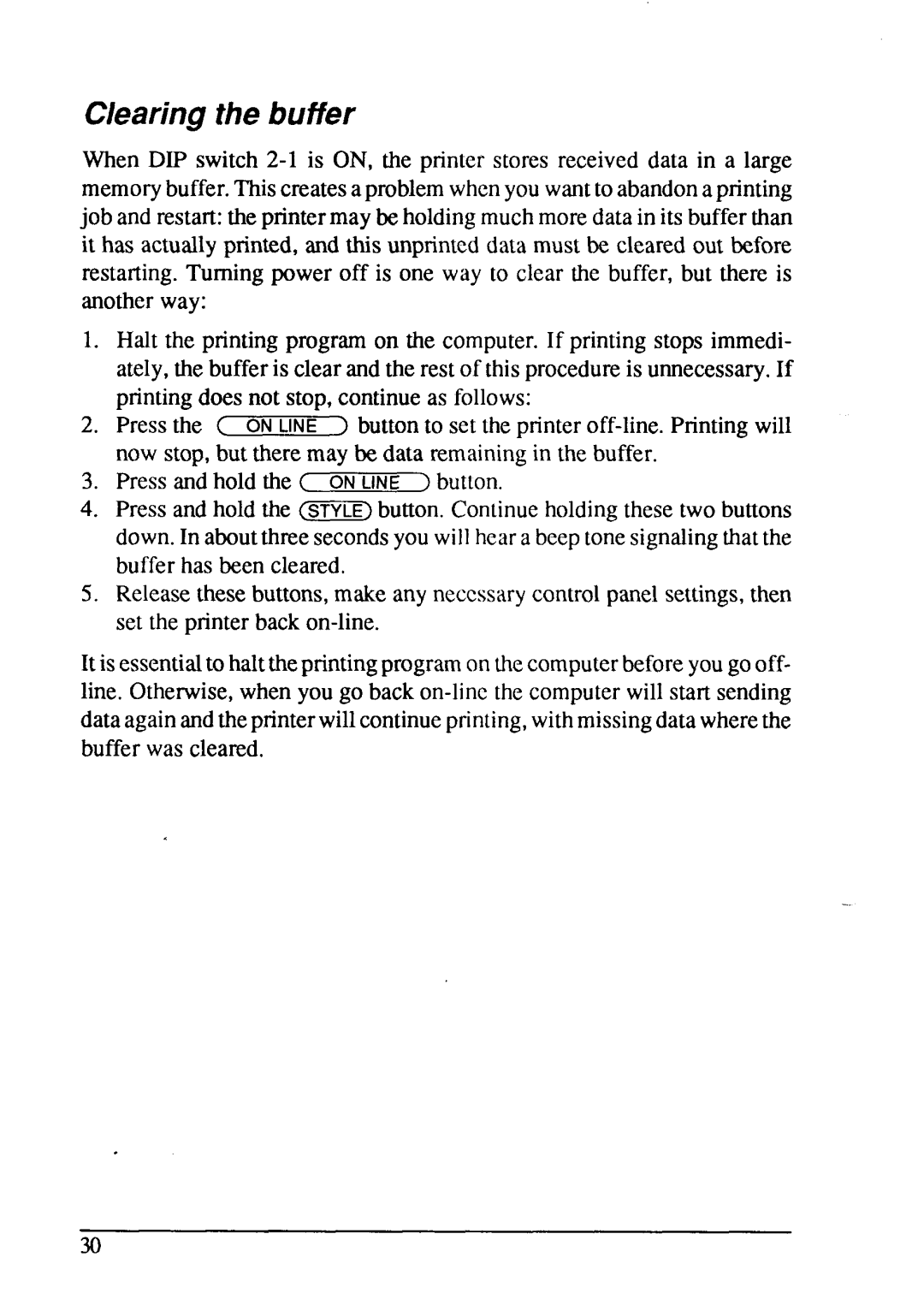 Star Micronics LC24-15 user manual Clearing the buffer 