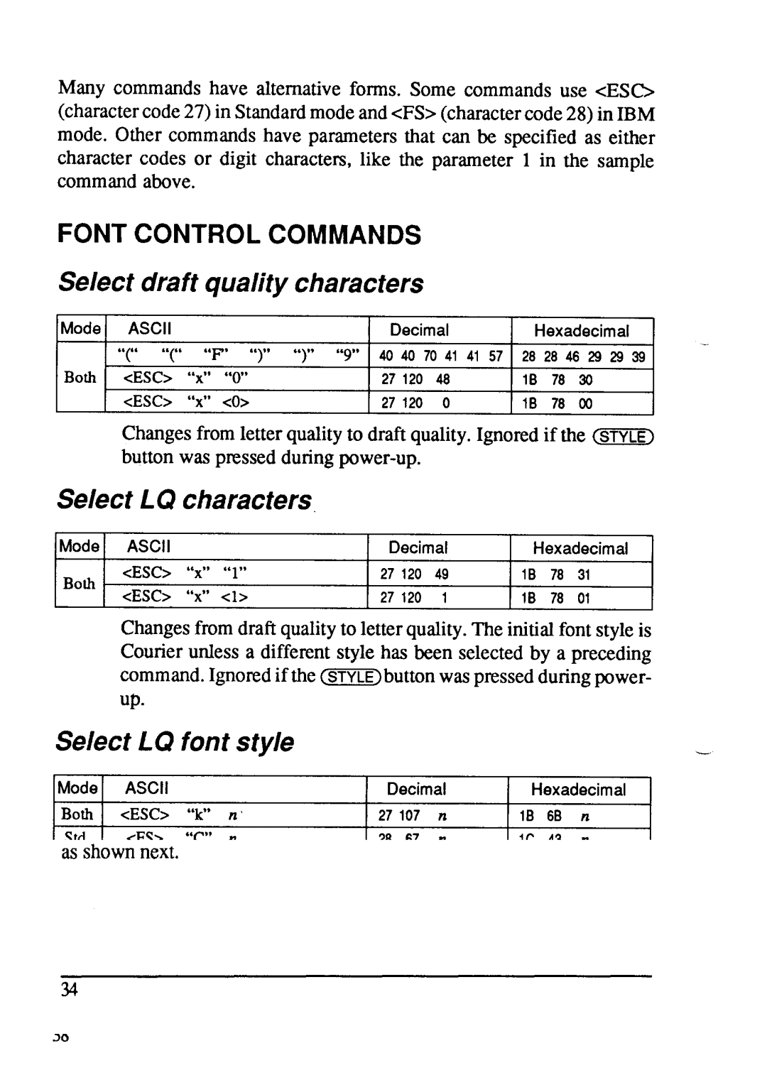 Star Micronics LC24-15 Select draft quality characters, Select LQ characters, Select LQ font style, Font Control Commands 