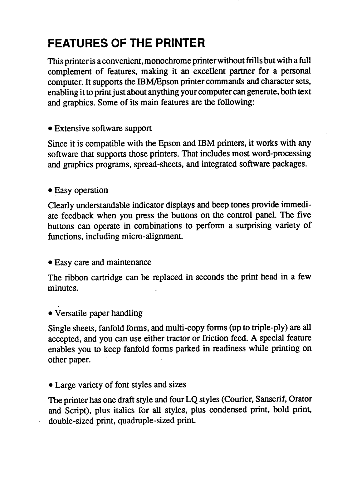 Star Micronics LC24-15 user manual Features of the Printer 