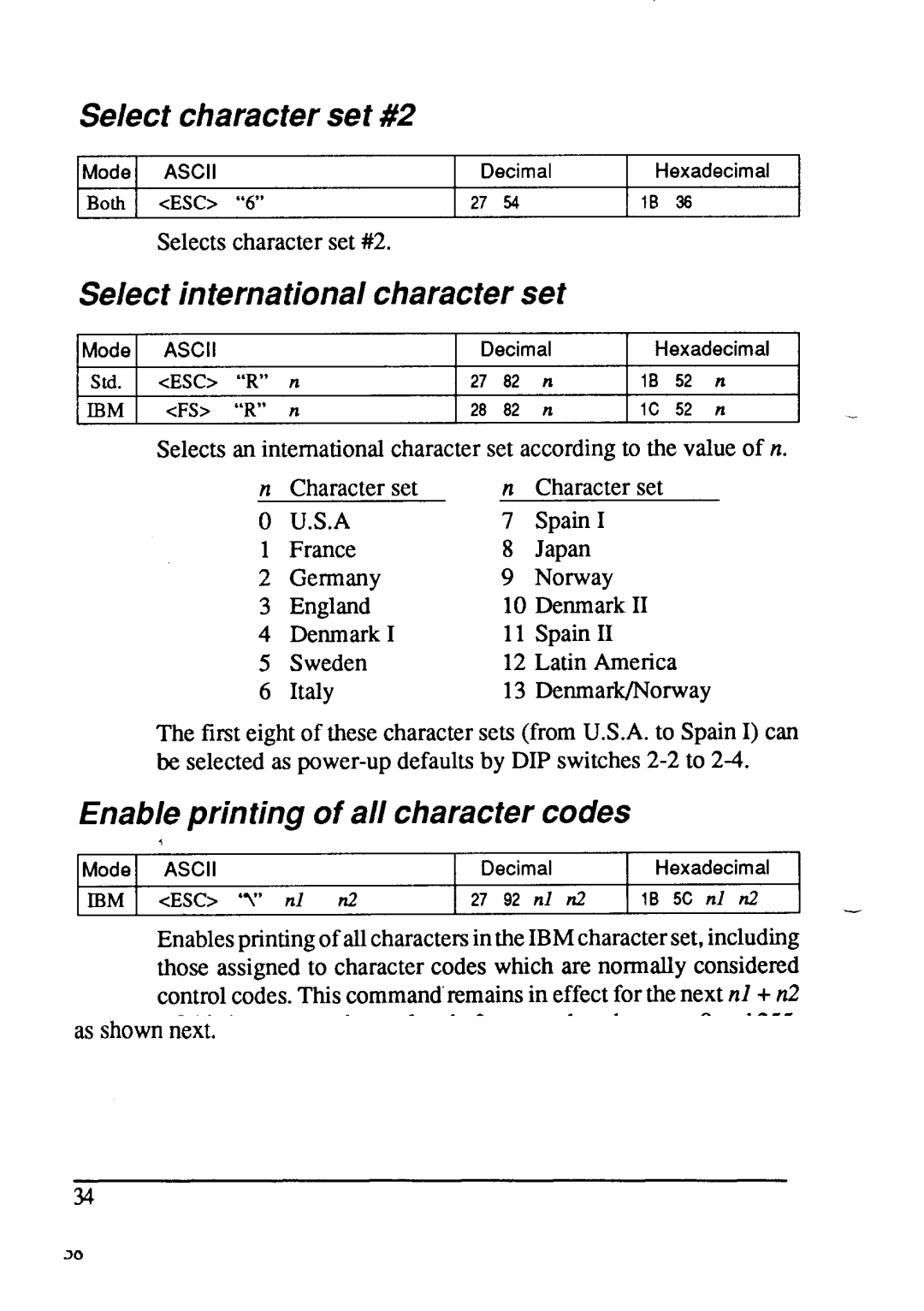 Star Micronics LC24-15 Select character set #2, Select international character set, Enable printing of all character codes 