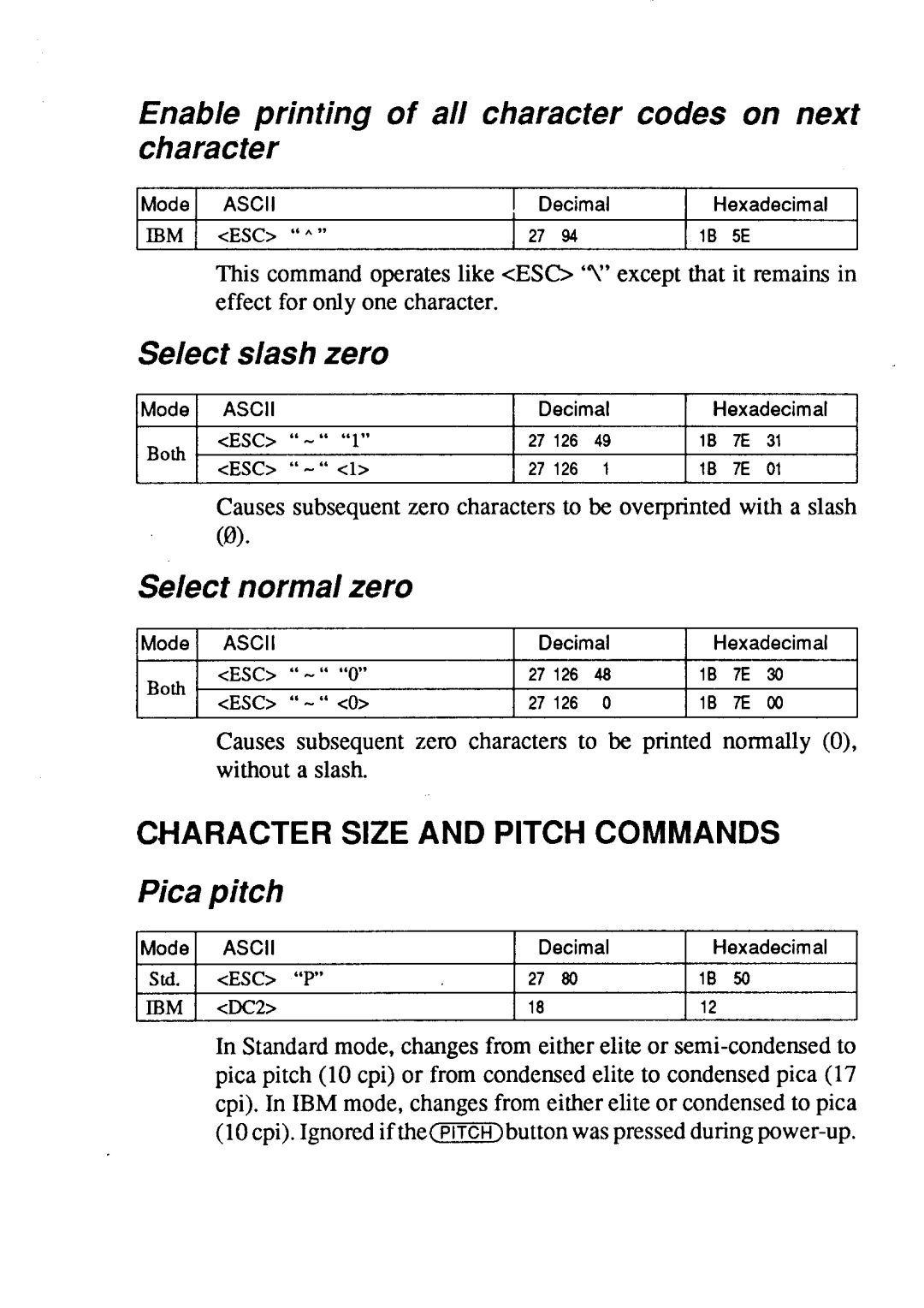 Star Micronics LC24-15 Enable printing of all character codes on next character, Select slash zero, Select normal zero 