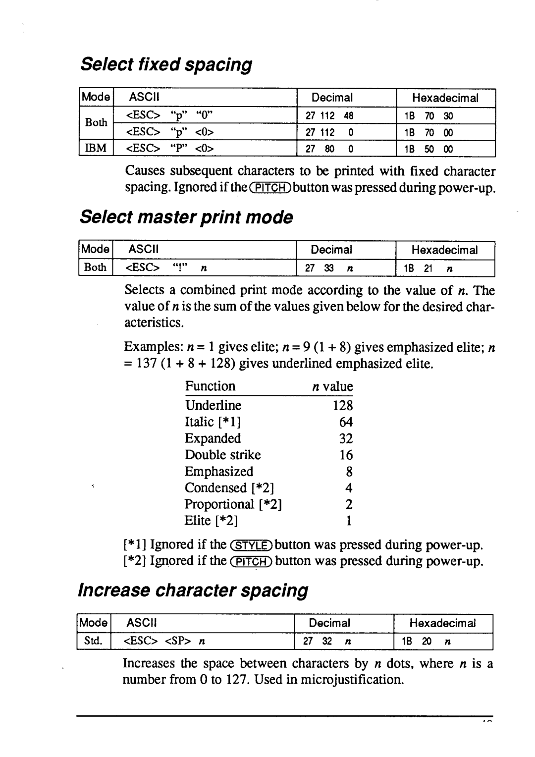 Star Micronics LC24-15 user manual Select fixed spacing, Select master print mode, Increase character spacing 