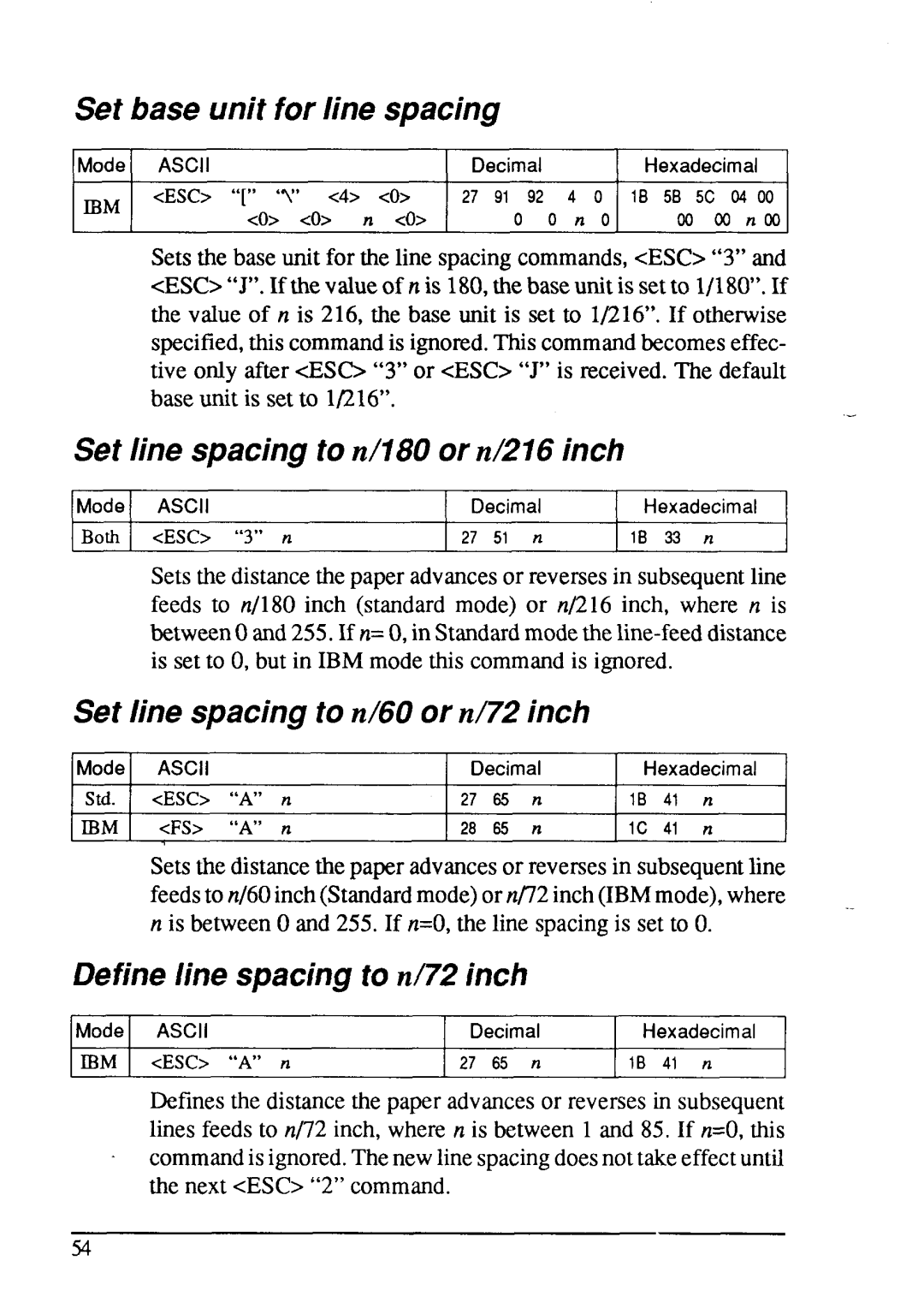 Star Micronics LC24-15 user manual Set base unit for line spacing, Set line spacing to n/180 or n/216 inch 