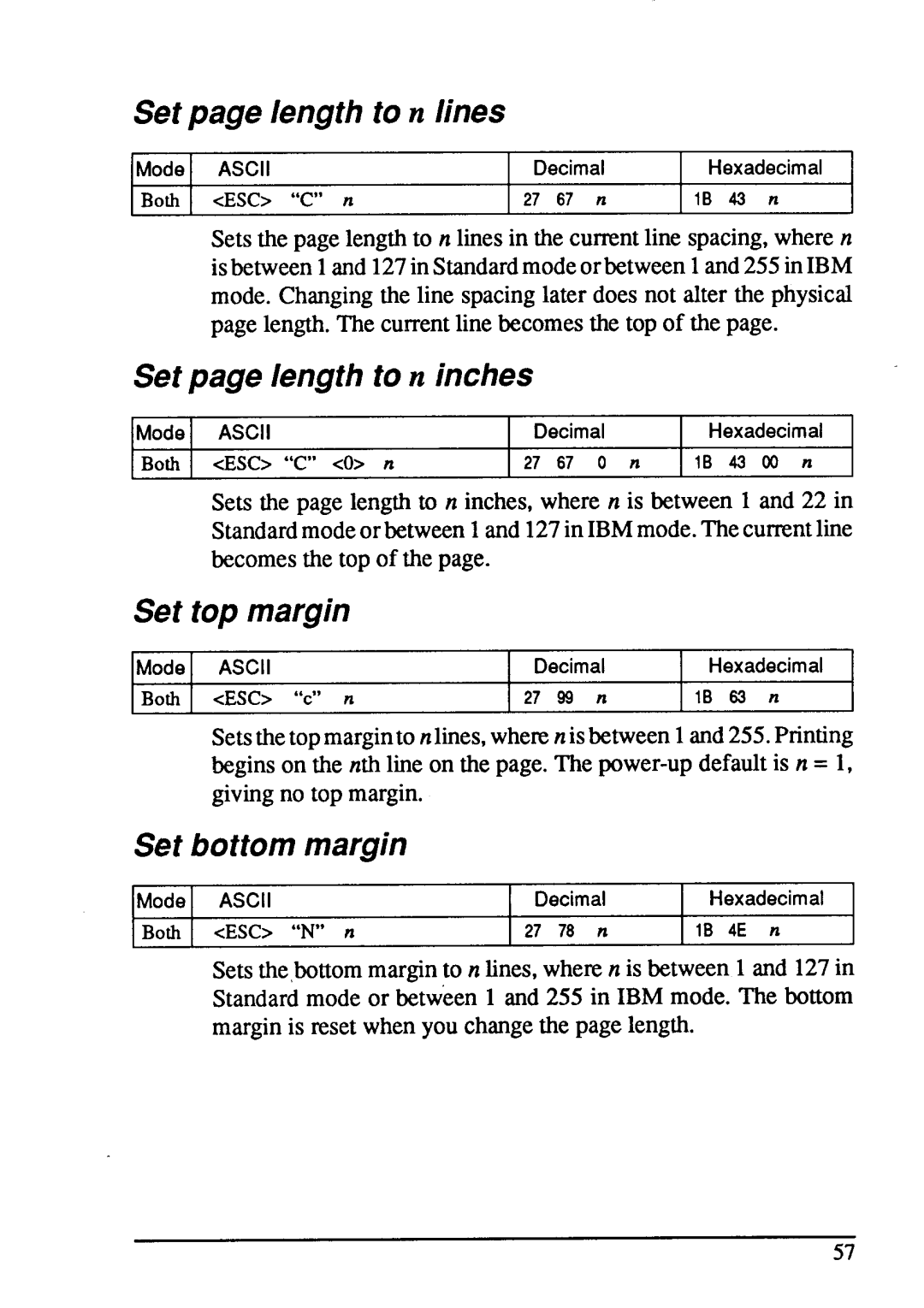 Star Micronics LC24-15 Set page length to n lines, Set page length to n inches, Set top margin, Set bottom margin 