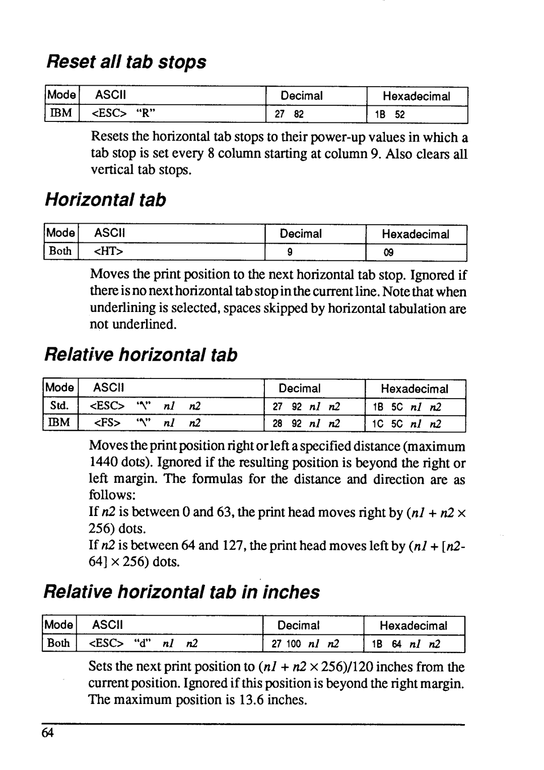 Star Micronics LC24-15 user manual Reset all tab stops, Horizontal tab, Relative horizontal tab in inches 