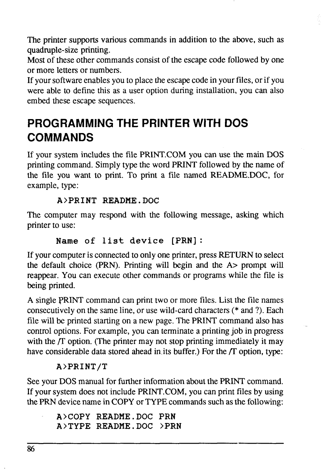 Star Micronics LC24-15 user manual Programming the Printer with DOS Commands 