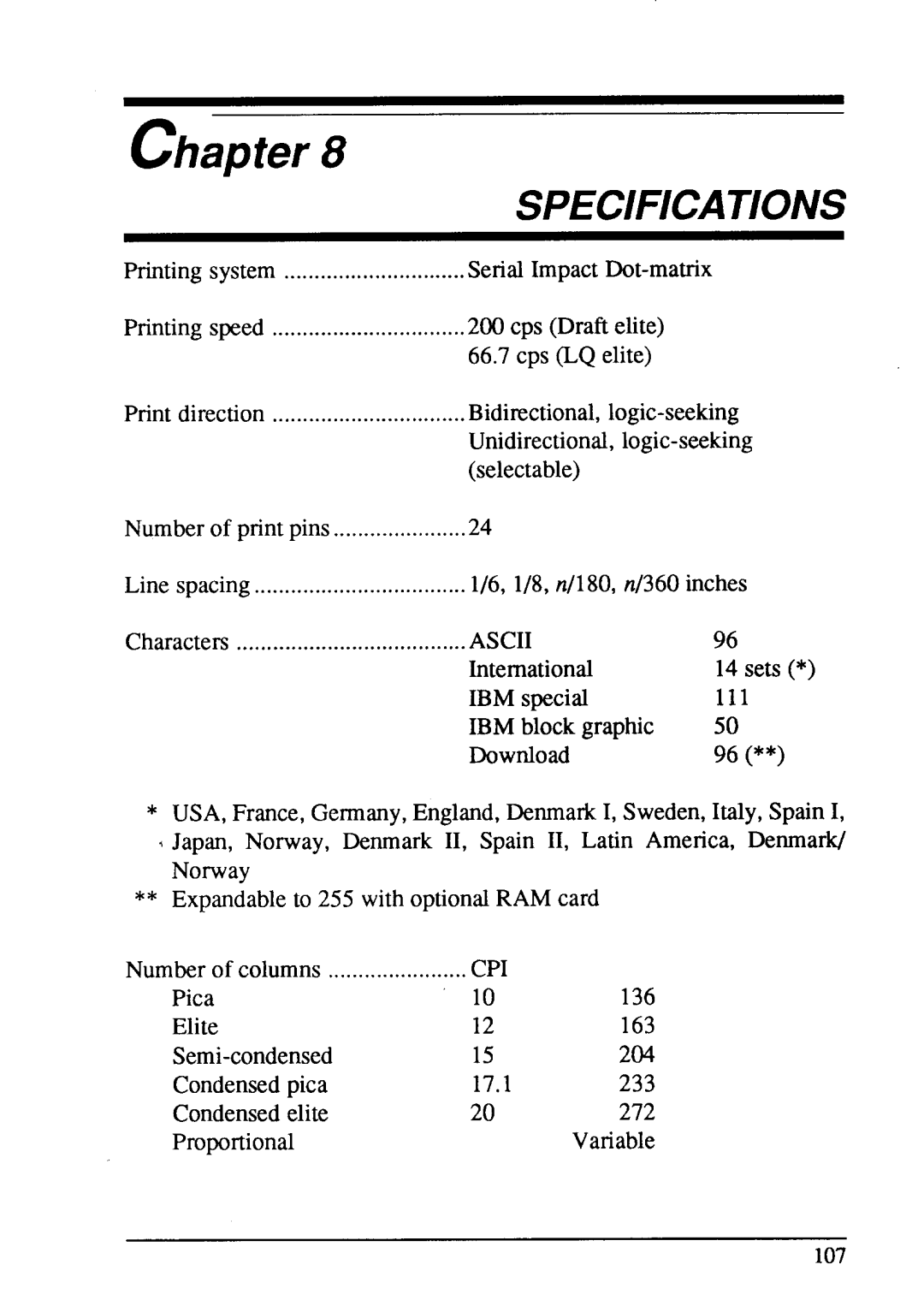 Star Micronics LC24-15 user manual SPEClFlCAllONS, Chapter 