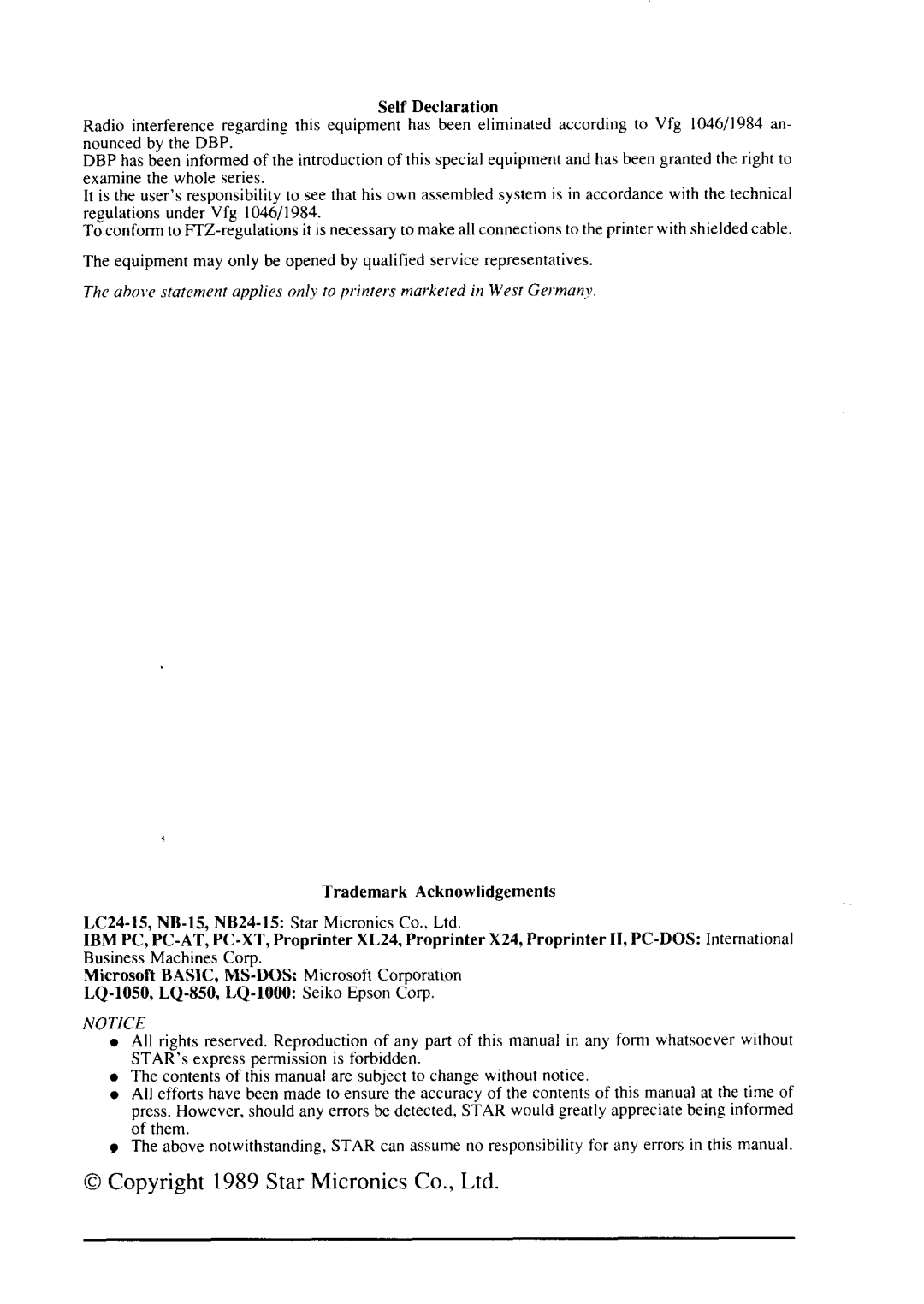 Star Micronics LC24-15 Self Declaration, Trademark Acknowlidgements, Microsoft BASIC, MS-DOS Microsoft Corporation 