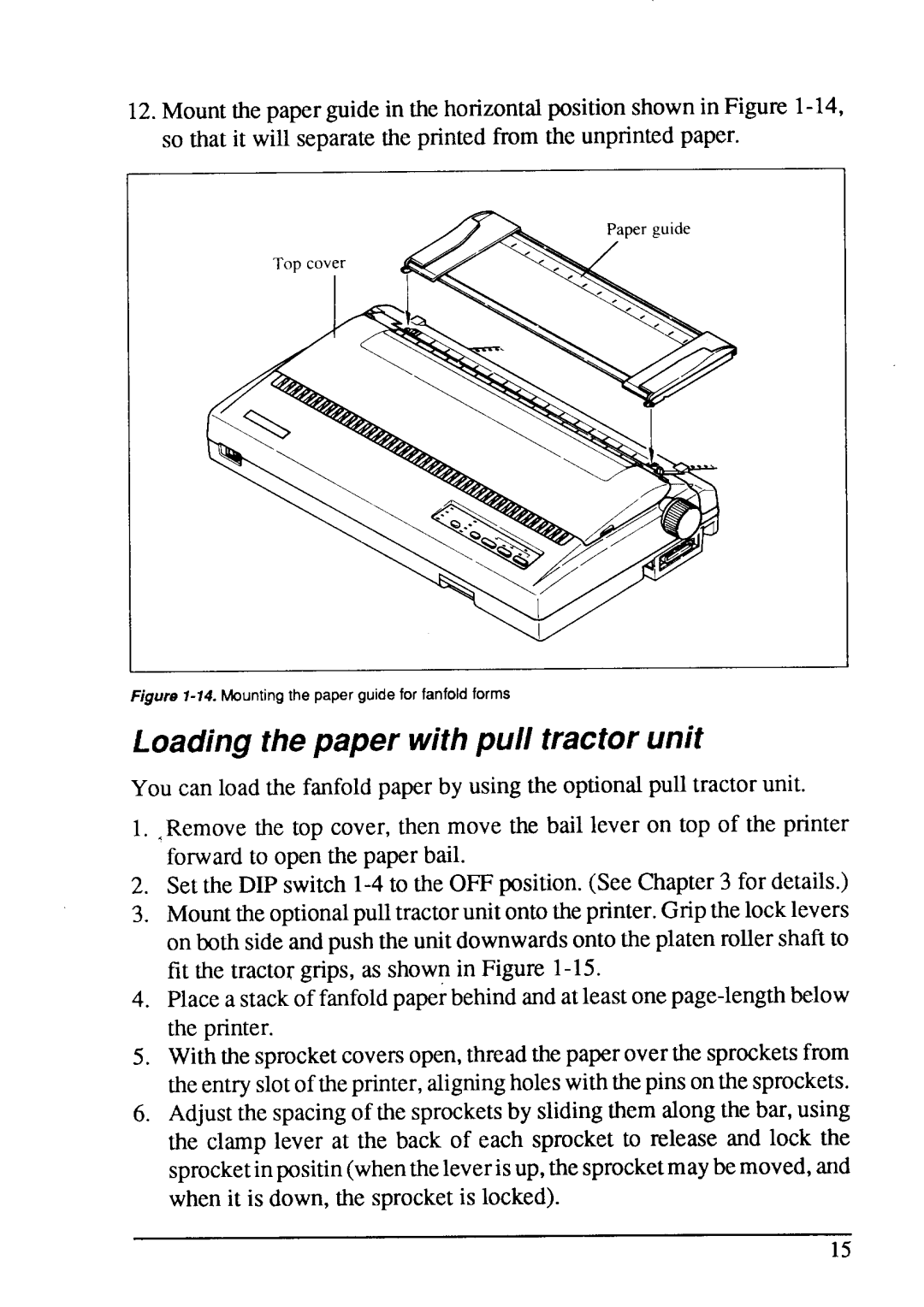 Star Micronics LC24-15 Loading the paper with pull tractor unit, Figure I-14. Mounting the paper guide for fanfold forms 