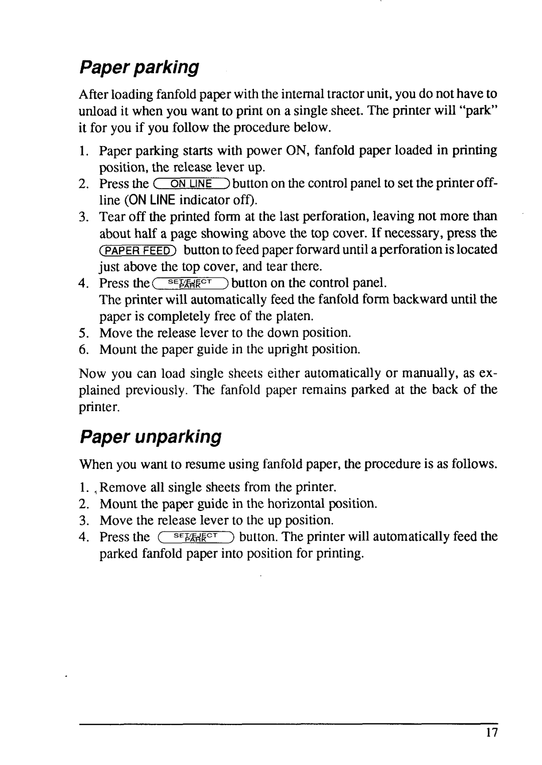 Star Micronics LC24-15 user manual Paper parking, Paper unparking 