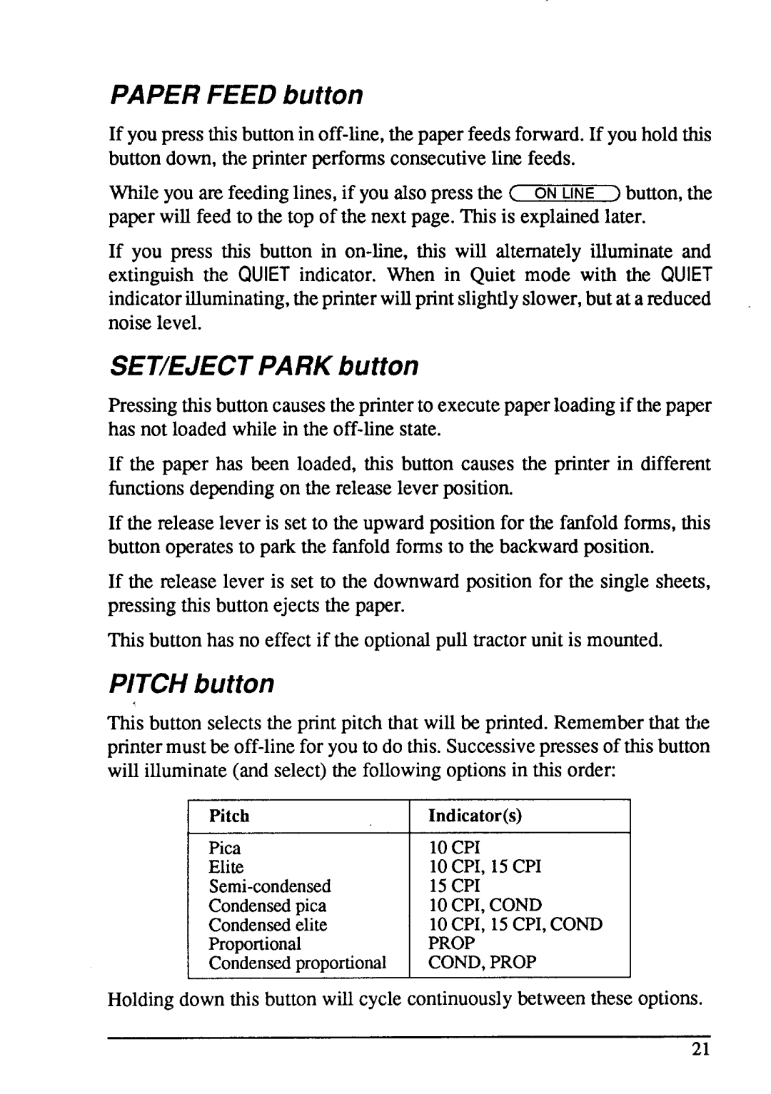 Star Micronics LC24-15 user manual PAPER FEED button, SET/EJECT PARK button, PITCH button 