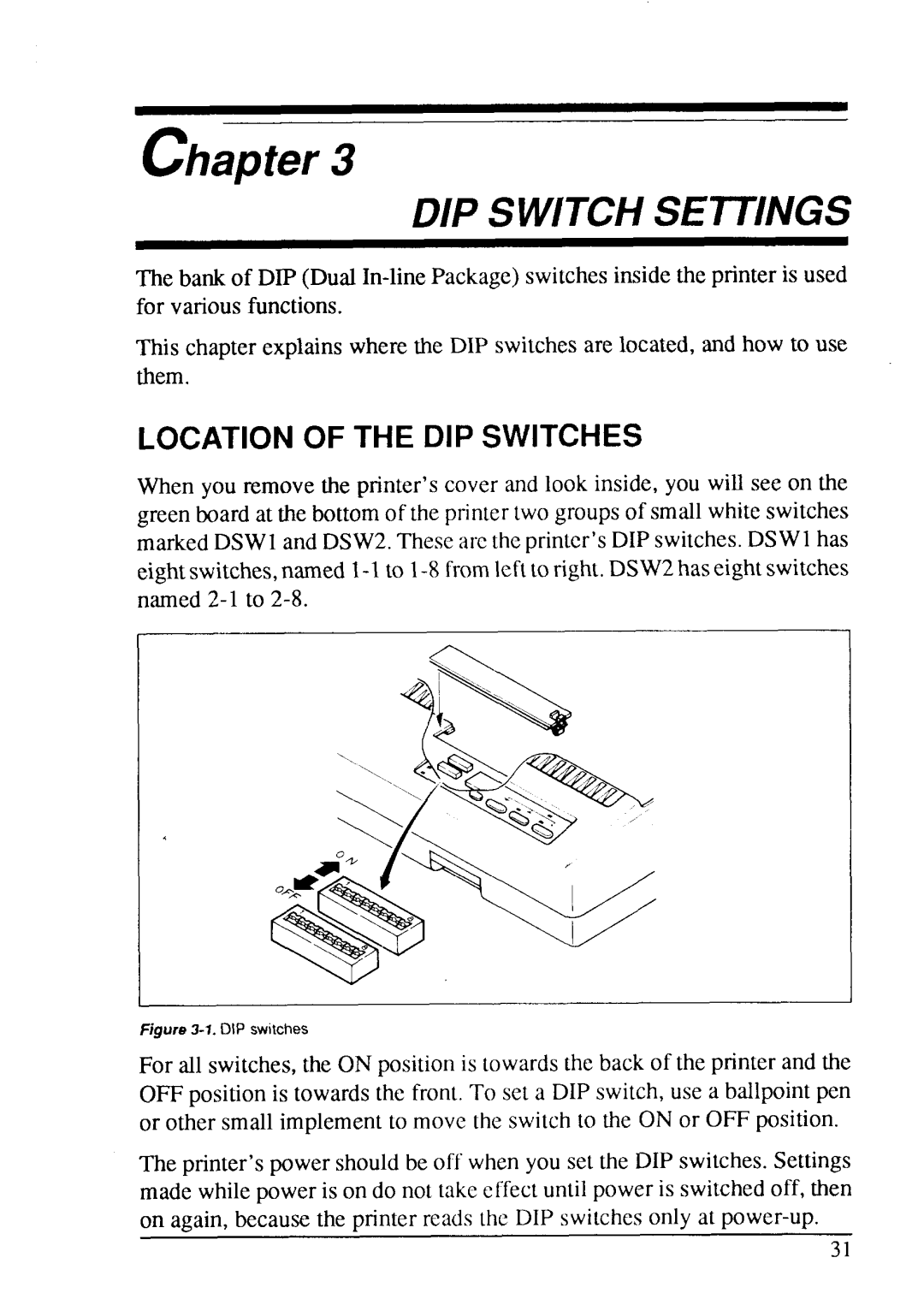 Star Micronics LC24-15 user manual D/P Switch Settings, Location Of The Dip Switches, Chapter 