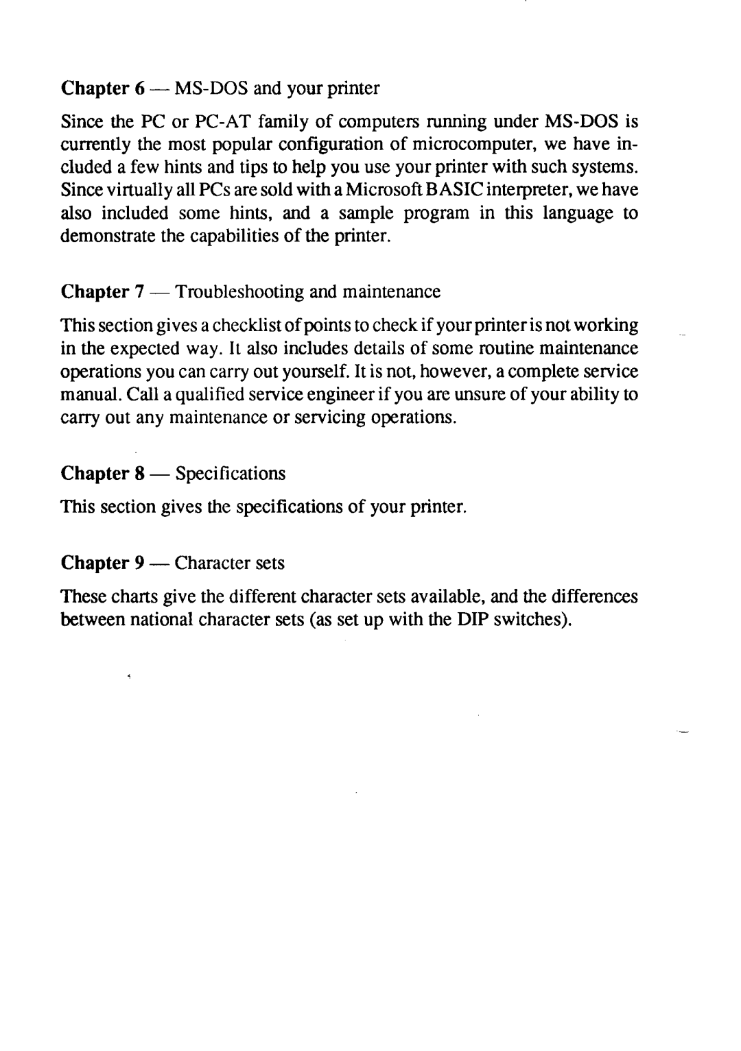 Star Micronics LC24-15 user manual MS-DOS and your printer, Troubleshooting and maintenance, Specifications, Character sets 