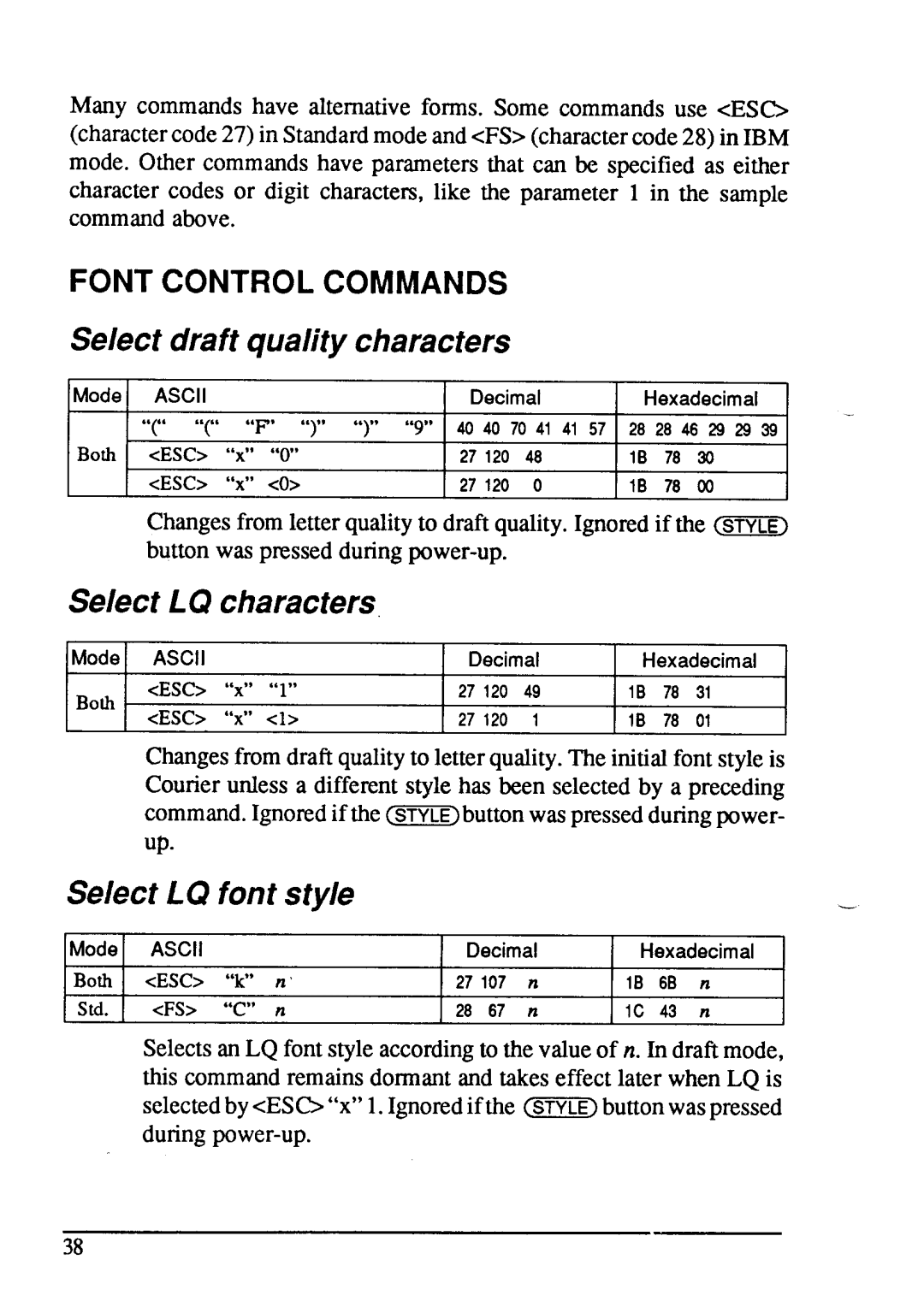 Star Micronics LC24-15 Select draft quality characters, Select LQ characters, Select LQ font style, Font Control Commands 