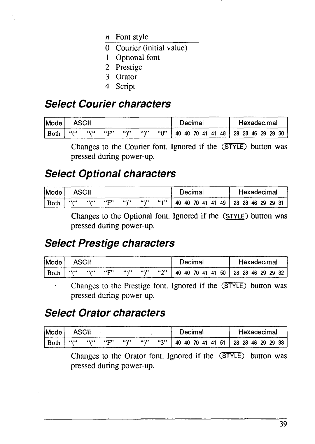 Star Micronics LC24-15 user manual Select Courier characters, Select Optional characters, Select Prestige characters 