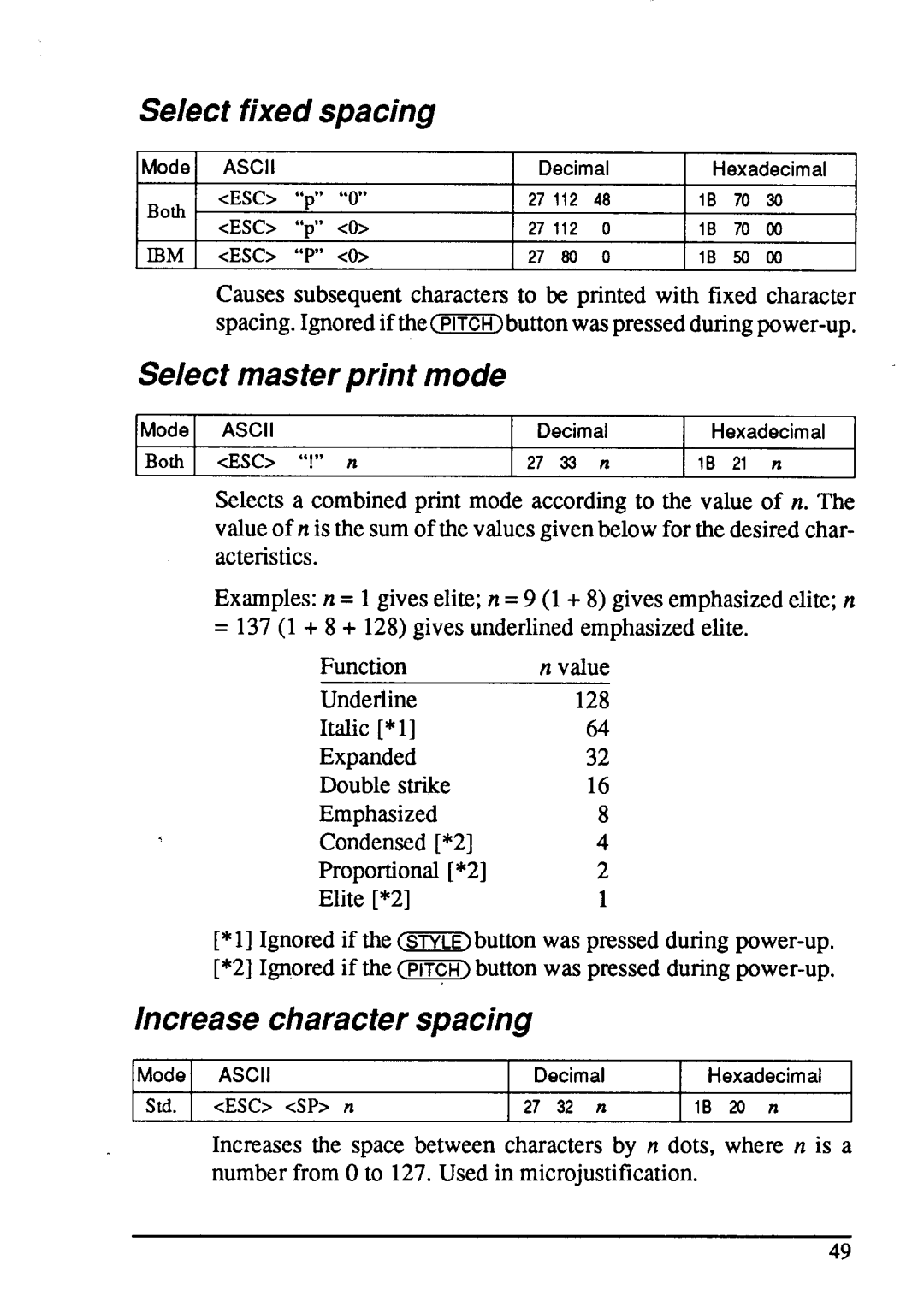 Star Micronics LC24-15 user manual Select fixed spacing, Select master print mode, Increase character spacing, “p” ‘VI” 