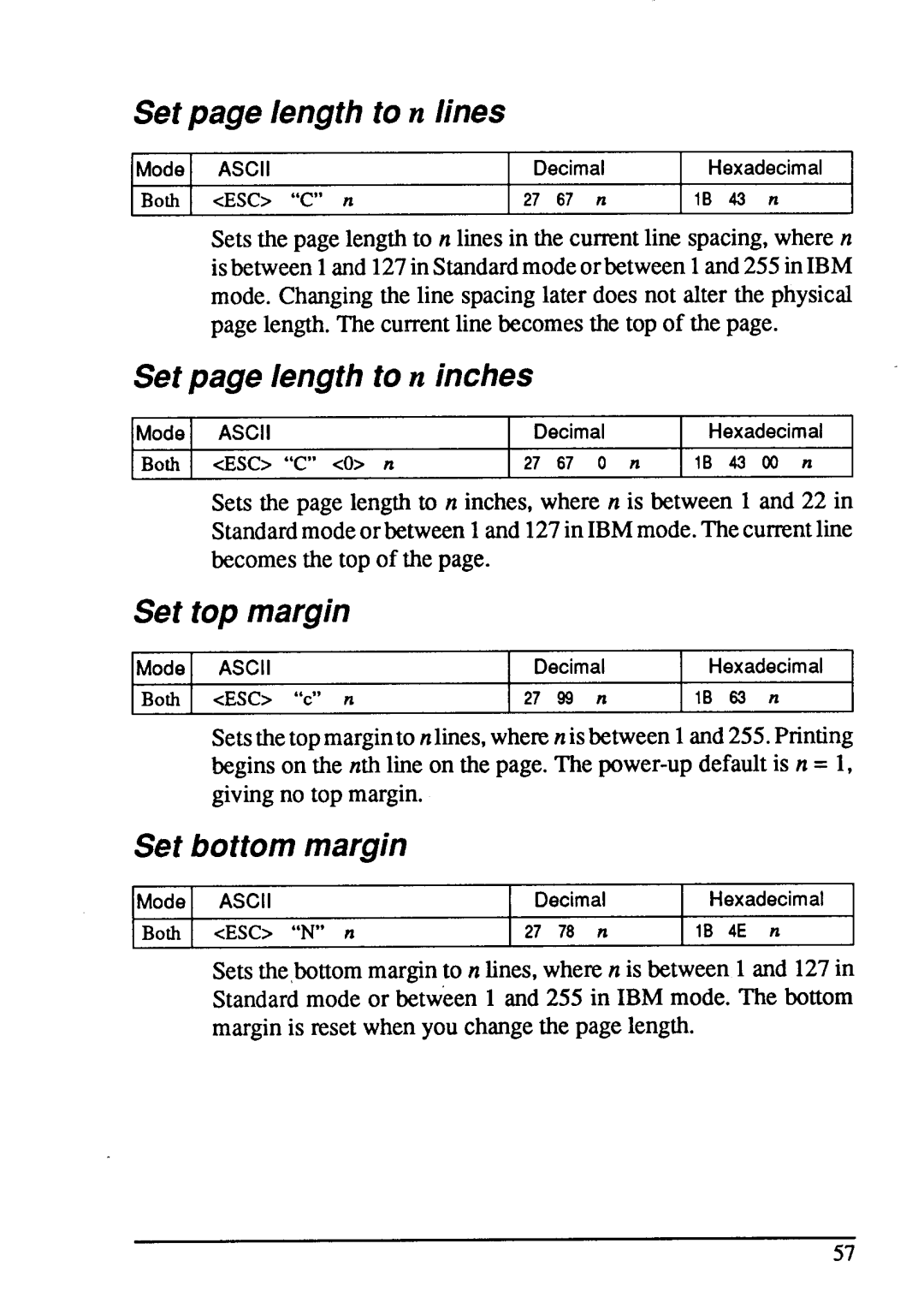Star Micronics LC24-15 Set page length to n lines, Set page length to n inches, Set top margin, Set bottom margin, 27 67 n 