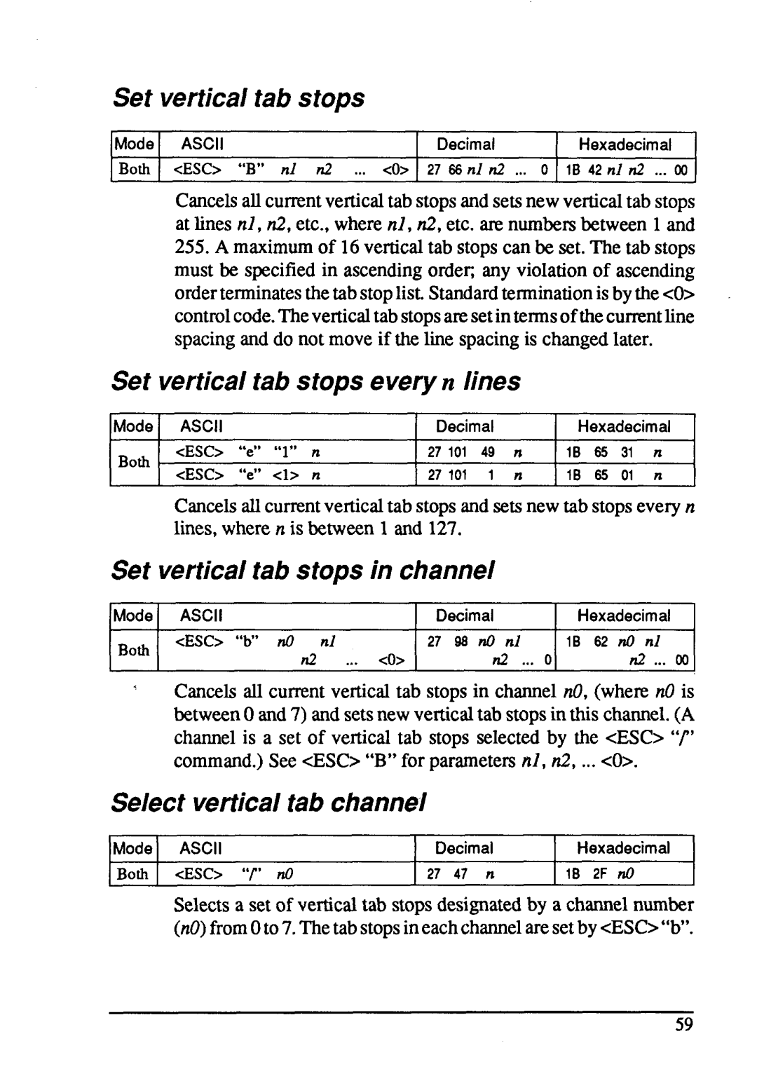 Star Micronics LC24-15 Set vertical tab stops evetyn lines, Set vertical tab stops in channel, Mode, Ascii, Decimal 