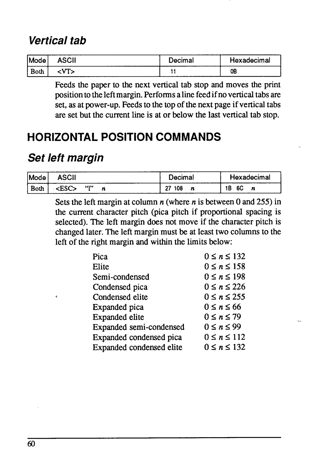 Star Micronics LC24-15 user manual Vertical tab, Horizontal Position Commands, Set left margin 