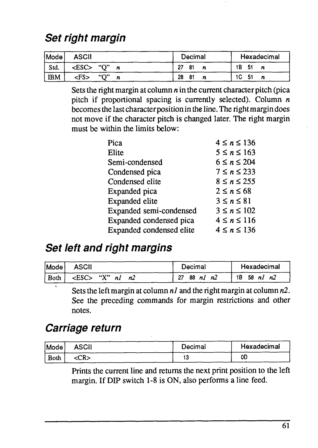 Star Micronics LC24-15 user manual Set right margin, Set left and right margins, Carriage return 