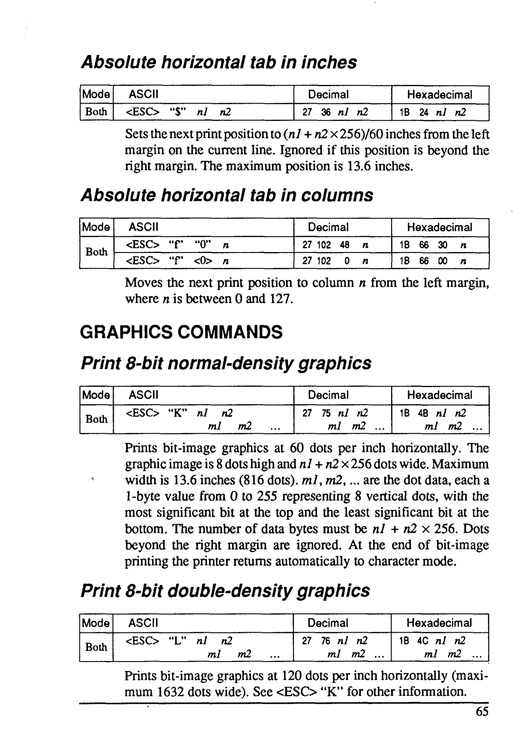 Star Micronics LC24-15 user manual Absolute horizontal tab in inches, Absolute horizontal tab in columns, Graphics Commands 