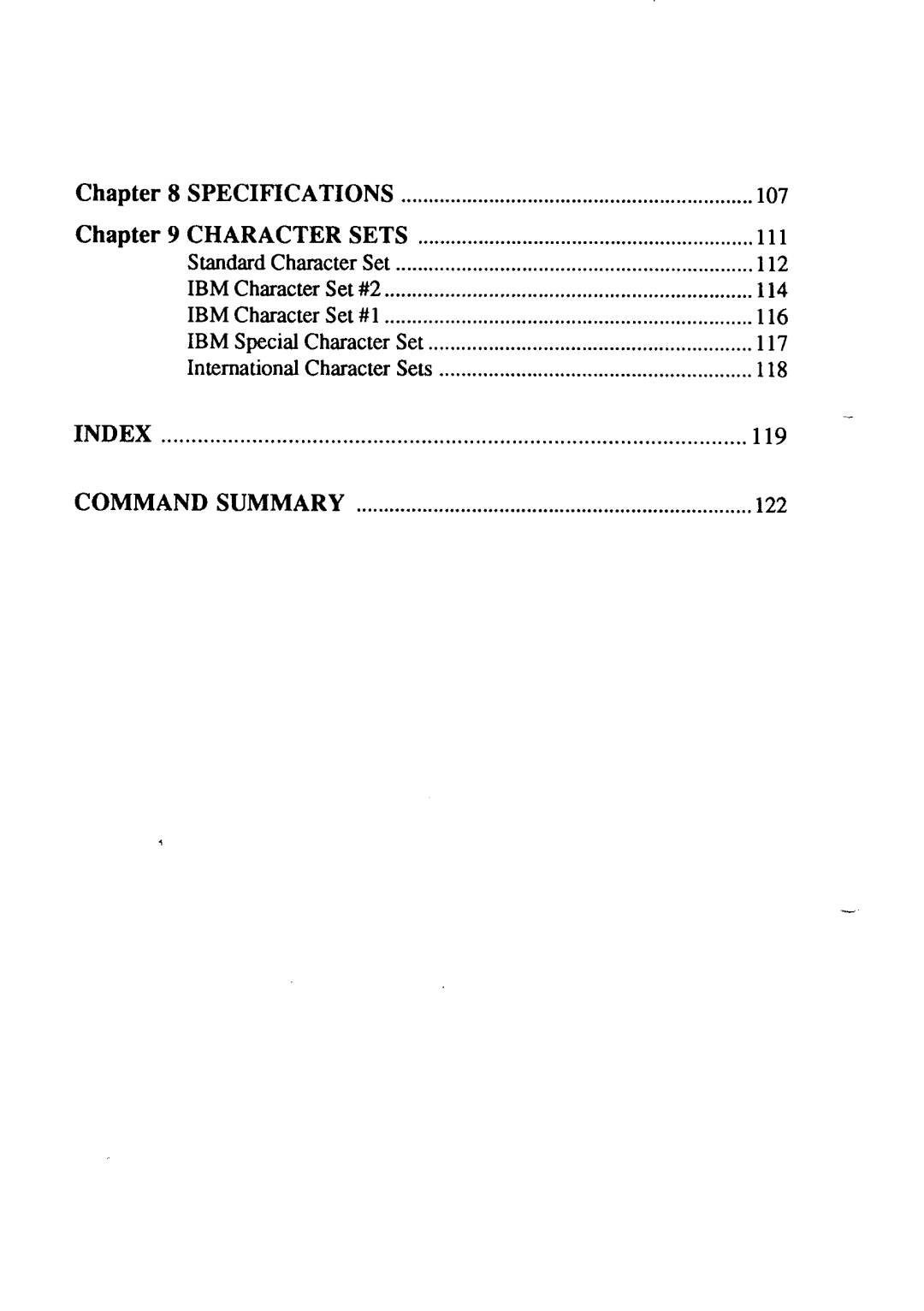 Star Micronics LC24-15 user manual Chapter, Index, Specifications, Character Sets 