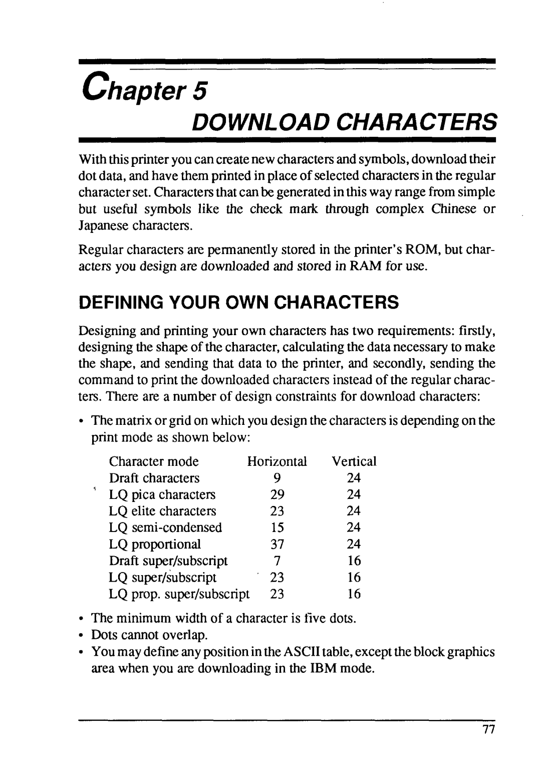 Star Micronics LC24-15 user manual Chapter, Download Characters, Defining Your Own Characters 