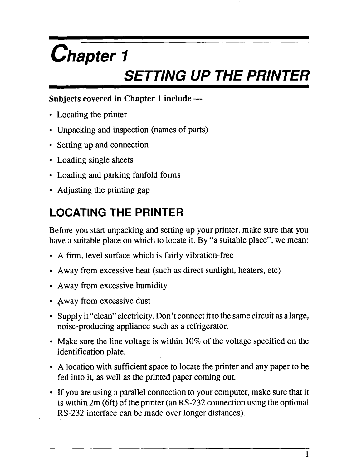 Star Micronics LC24-15 user manual Chapter, Setting Up The Printer, Locating The Printer, Subjects covered in include 