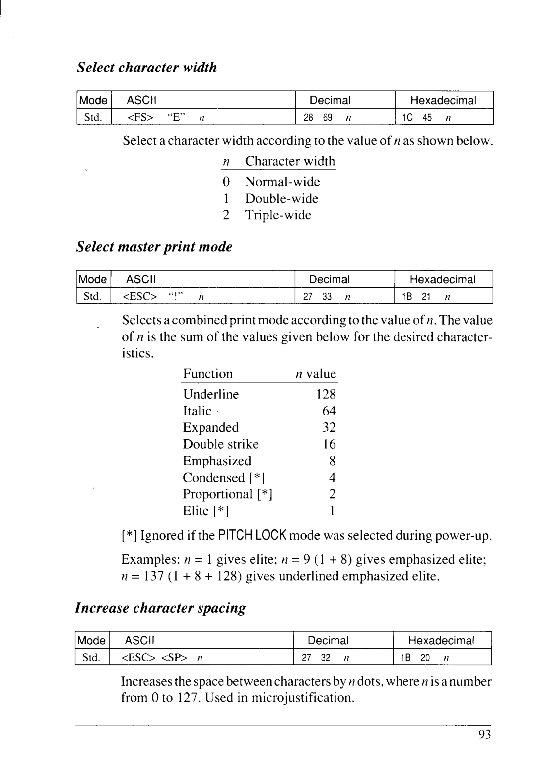 Star Micronics LC24-20 user manual Select character width, Select master print mode, Increase character spacing 