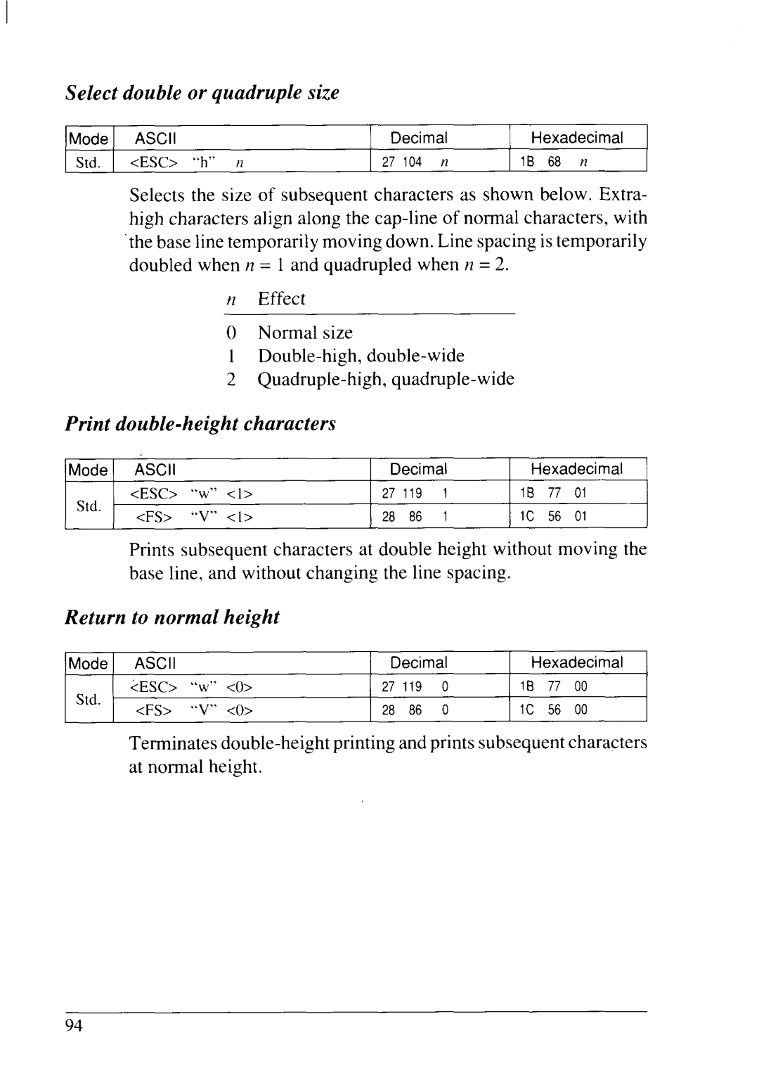 Star Micronics LC24-20 user manual Select double or quadruple size, Print double-height characters, Return to normal height 