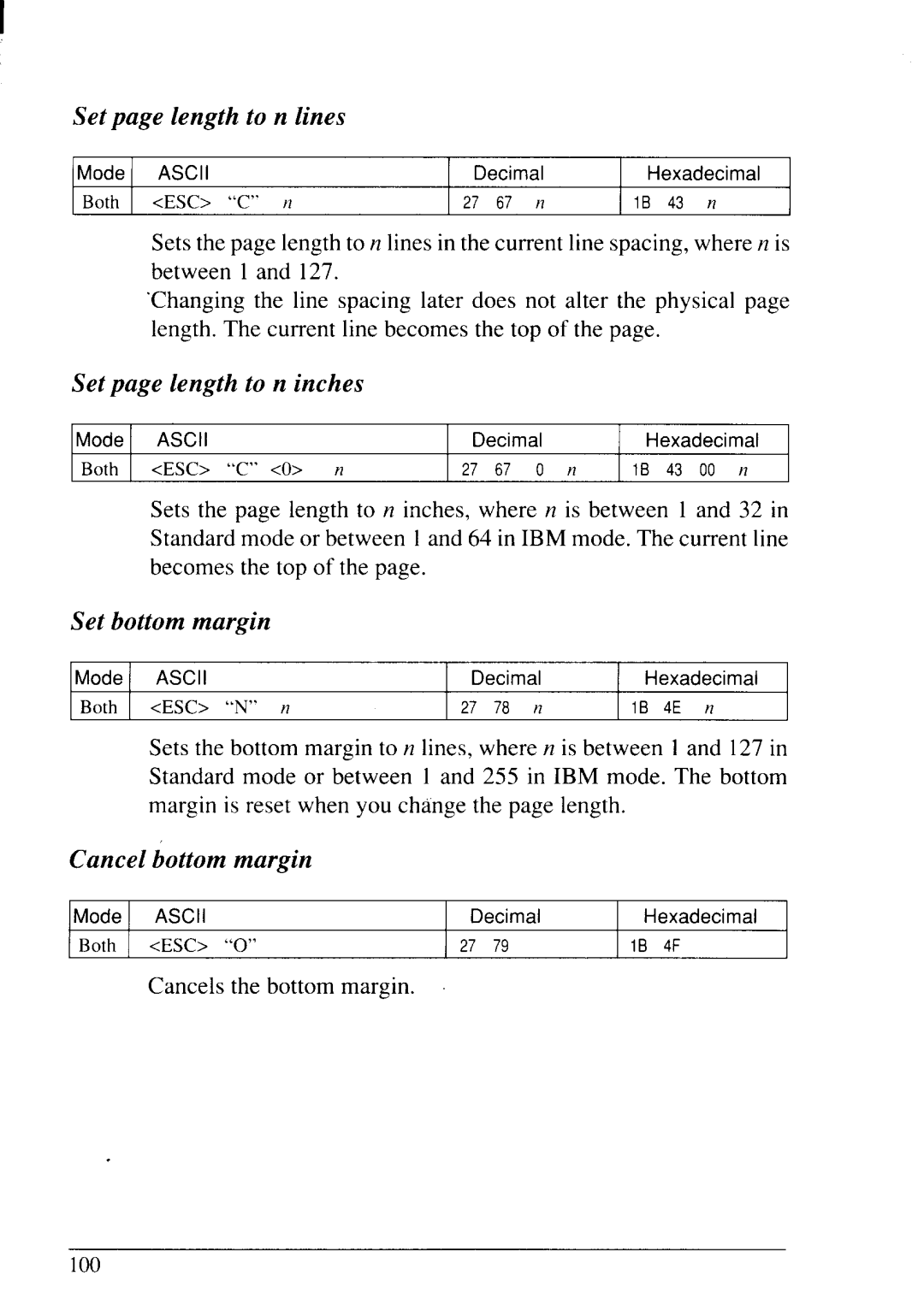 Star Micronics LC24-20 Set page length to n lines, Set page length to n inches, Set bottom margin, Cancel bottom margin 