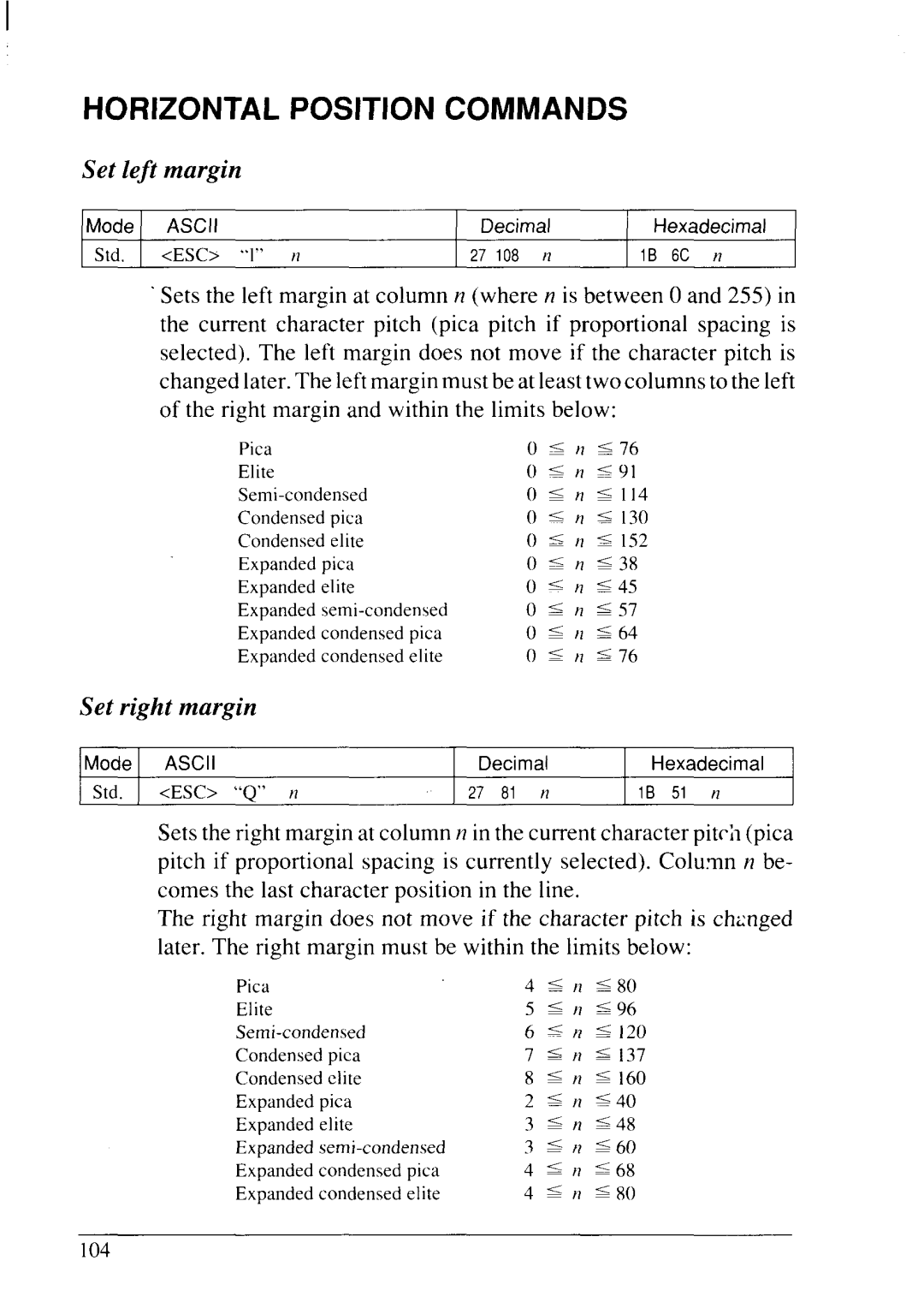 Star Micronics LC24-20 user manual Horizontal Position Commands, Set left margin, Set right margin 