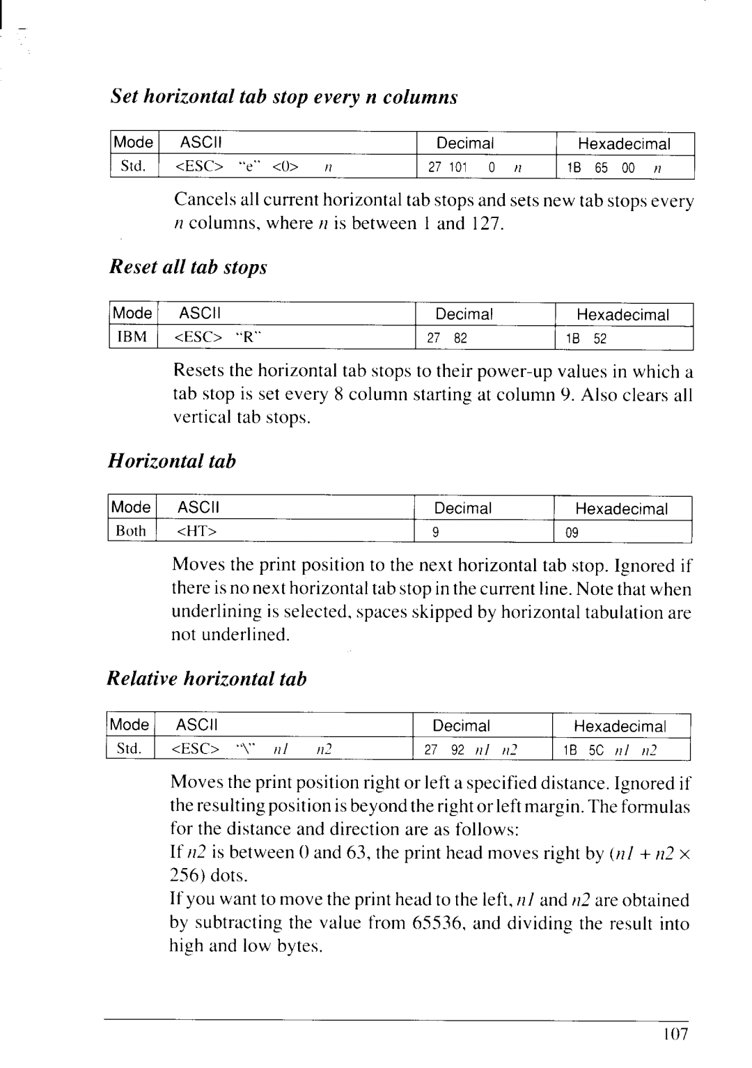 Star Micronics LC24-20 user manual Set horizontal tab stop every n columns, Reset all tab stops, Horizontal tab 