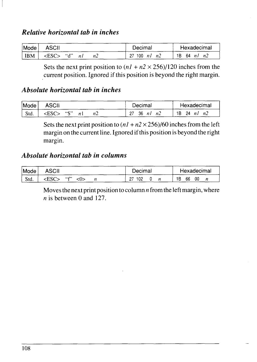 Star Micronics LC24-20 user manual Relative horizontal tab in inches, Absolute horizontal tab in inches 