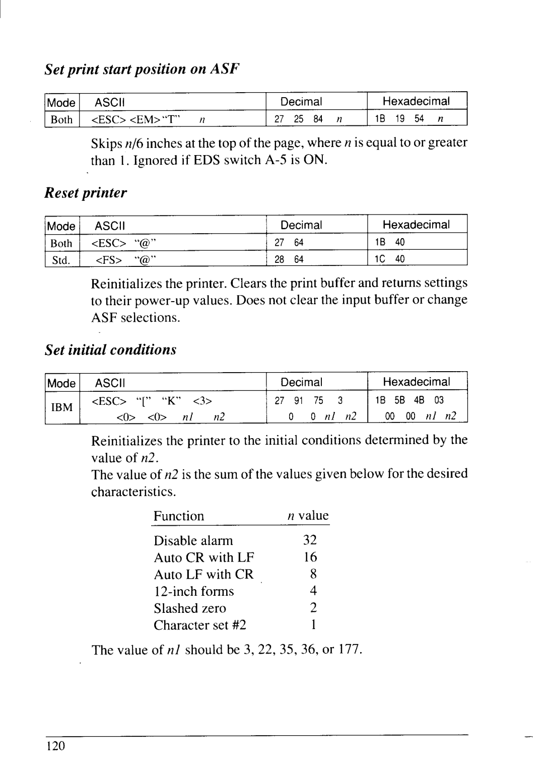 Star Micronics LC24-20 user manual Set print start position on ASF, Reset printer, Set initial conditions 