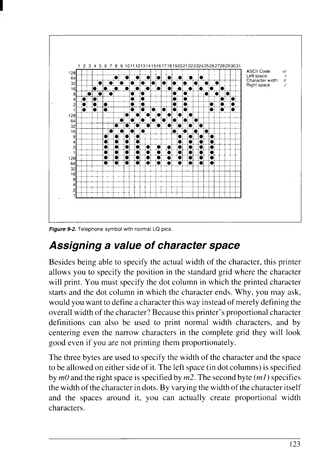 Star Micronics LC24-20 user manual Assigning a value of character space, Telephone symbol wtth normal LQplca 