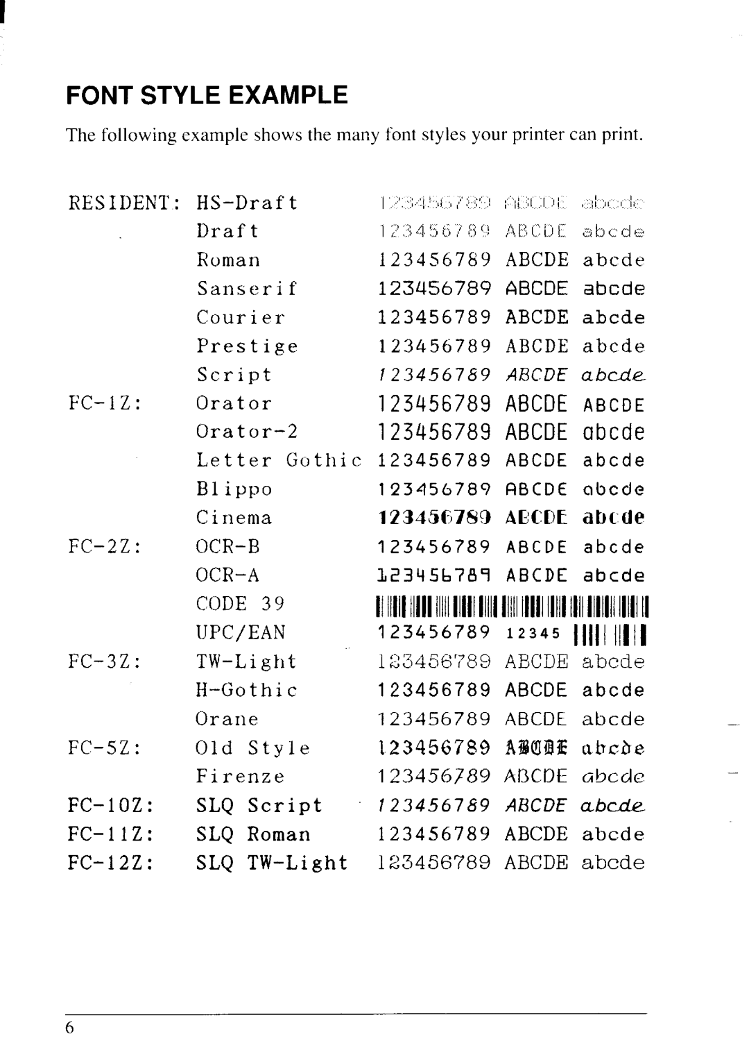 Star Micronics LC24-20 user manual Font Style Example, FC-2Z OCR-B OCR-A Code UPC/EAN 