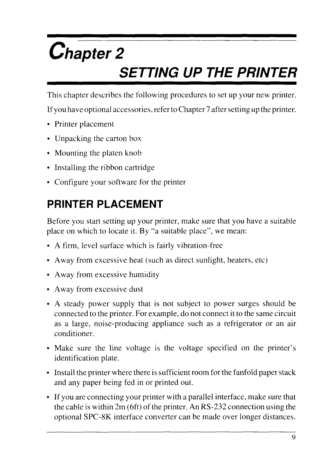 Star Micronics LC24-20 user manual Setting UP the Printer, Printer Placement 