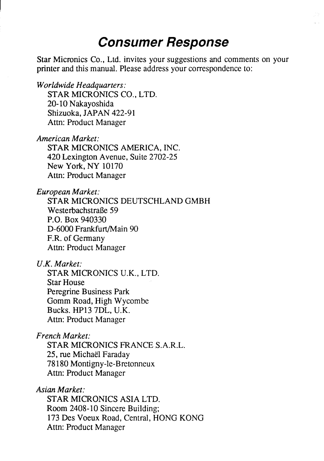 Star Micronics LC24-20 user manual Consumer Response 