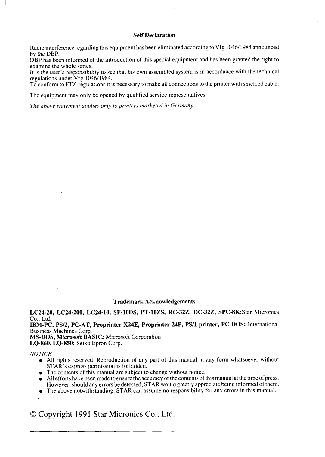 Star Micronics LC24-20 user manual Trademark Acknowledgements 