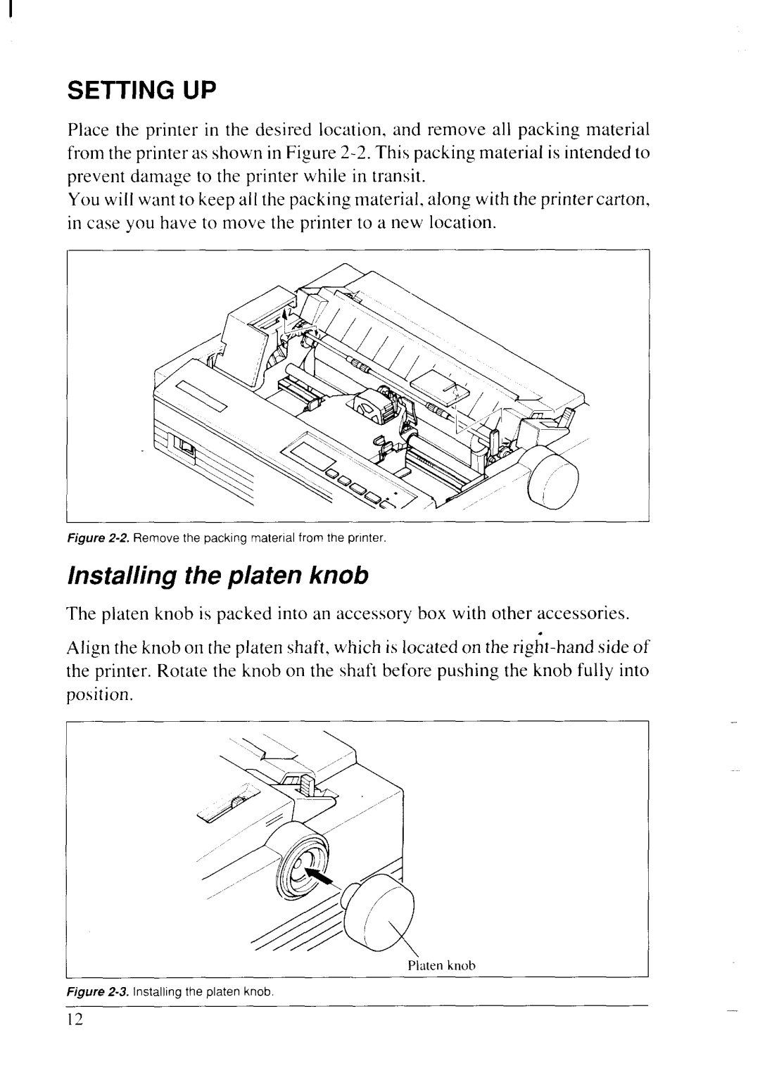 Star Micronics LC24-20 user manual Setting UP, Installing the platen knob 