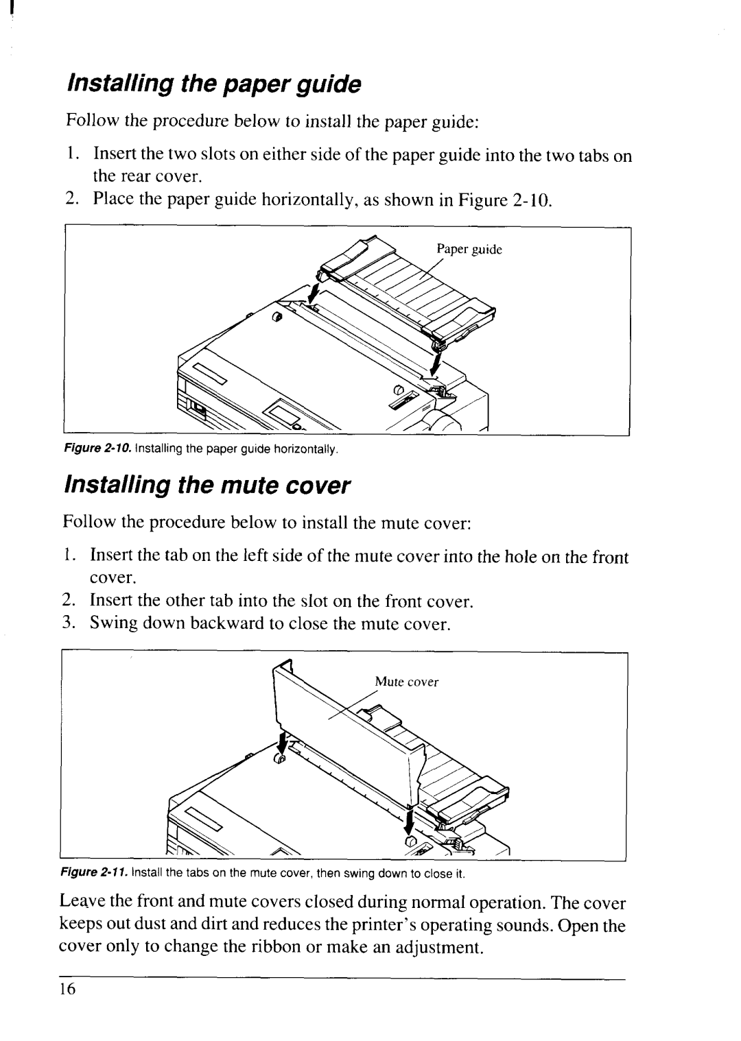 Star Micronics LC24-20 user manual Installing the paper guide, Installing the mute cover 