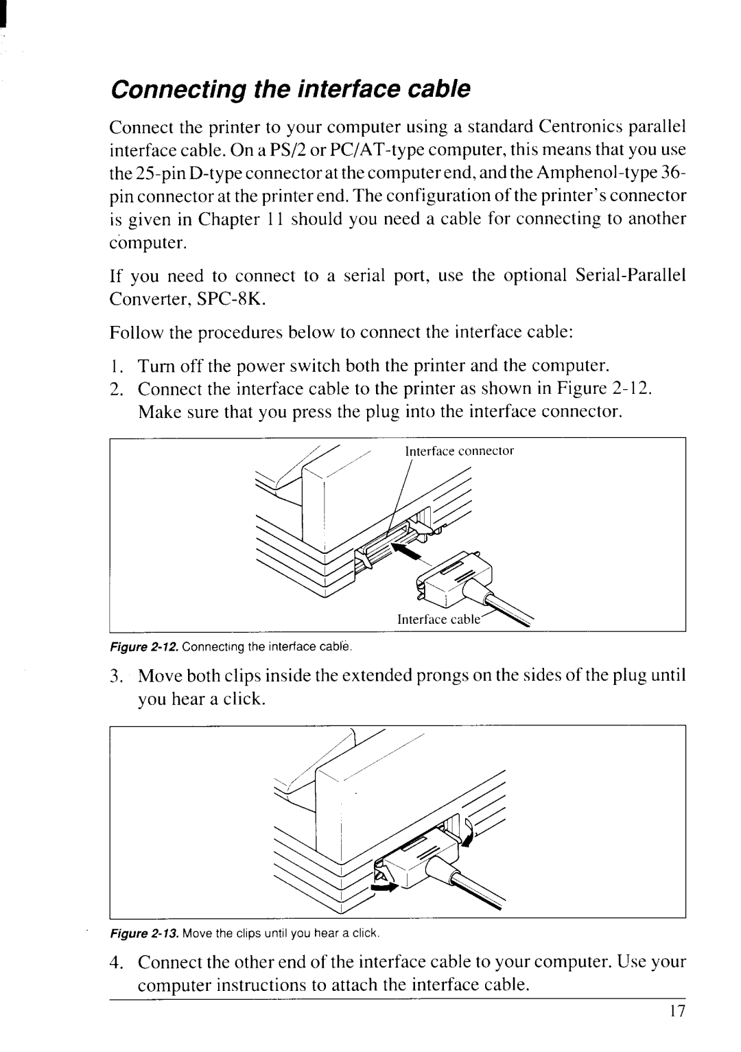 Star Micronics LC24-20 user manual Connecting the interface cable 