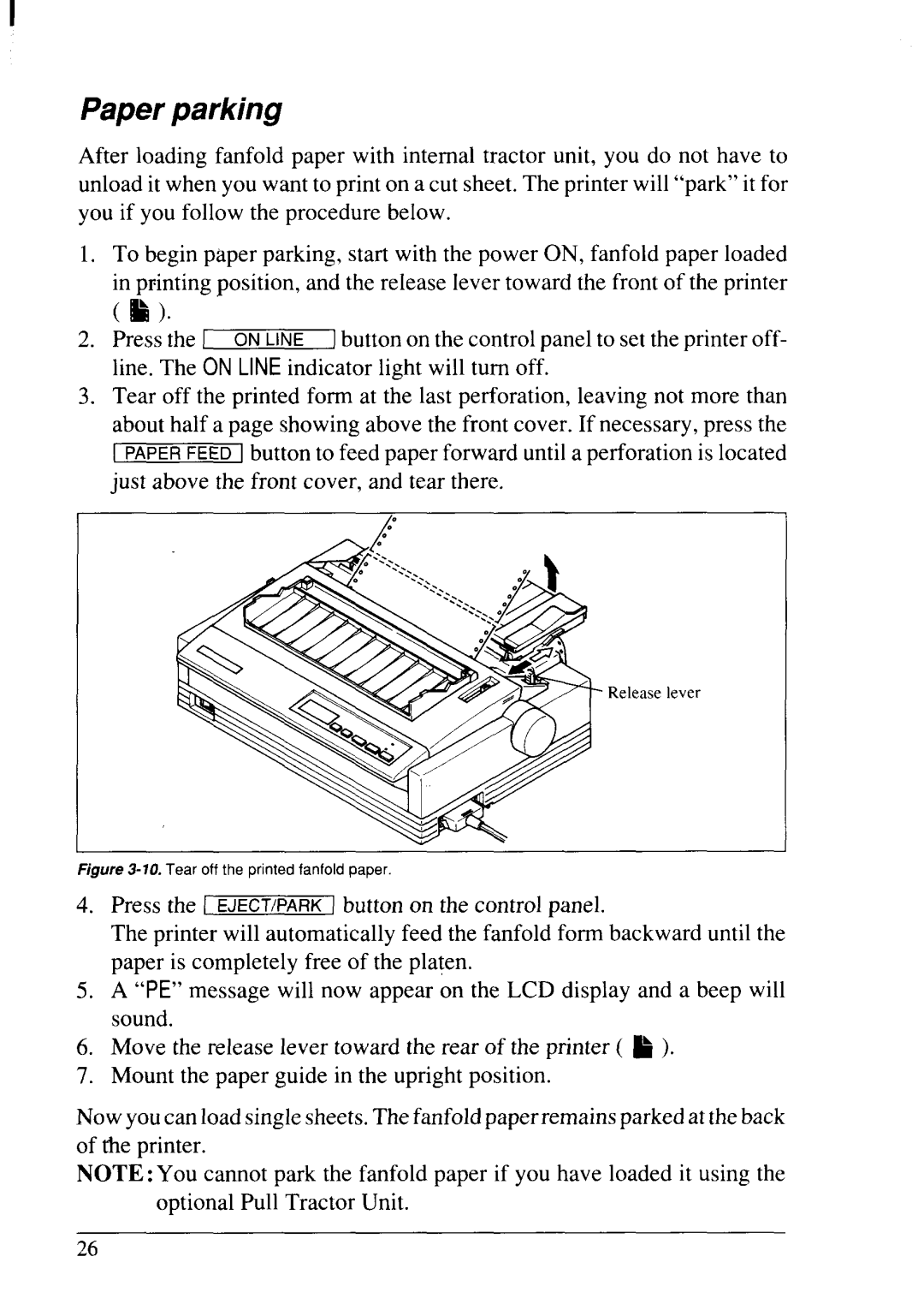 Star Micronics LC24-20 user manual Paper parking, Tear off the printed fanfold paper 