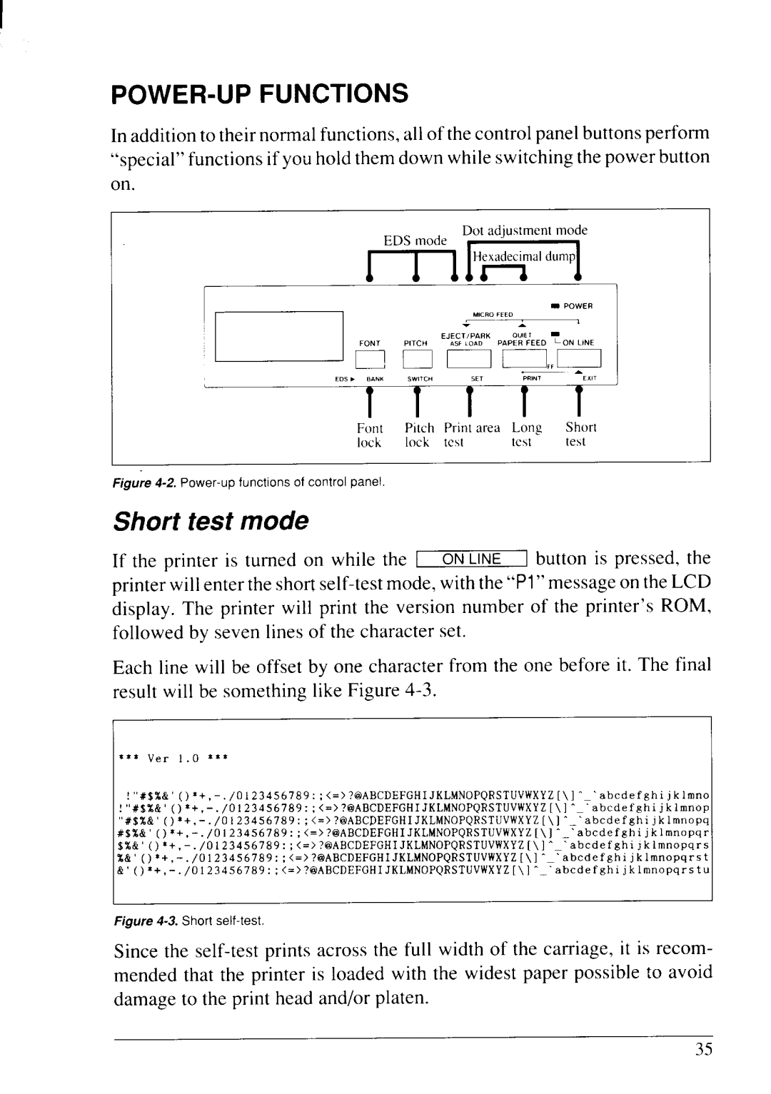 Star Micronics LC24-20 user manual POWER-UP Functions, Short test mode 